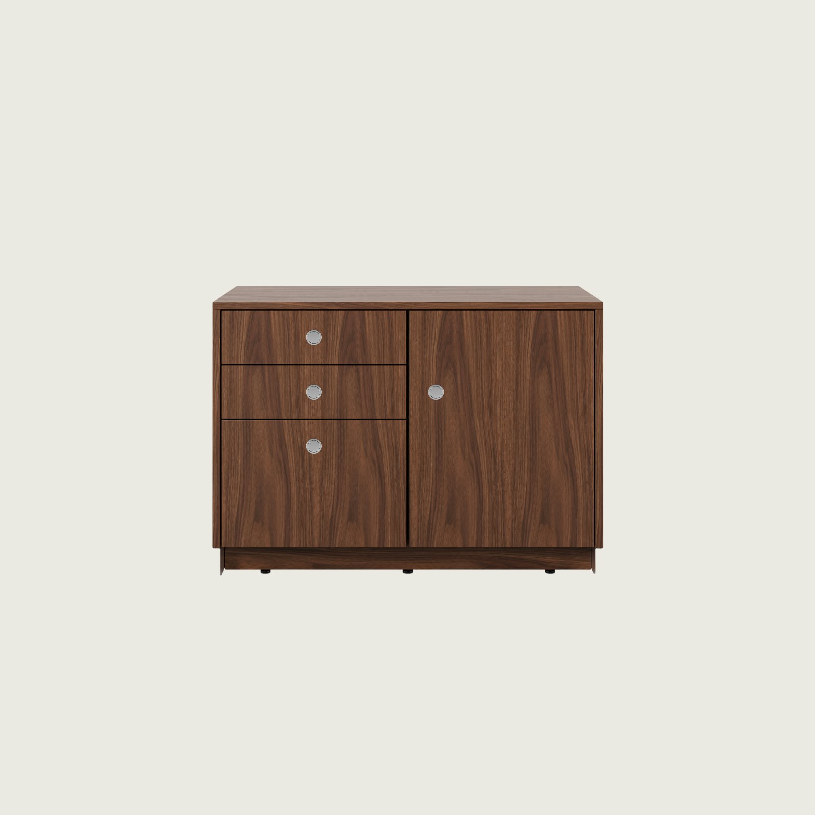37.5 inch wide Sled Base Credenza with mixed storage in walnut with a chrome base and pulls viewed from the front.