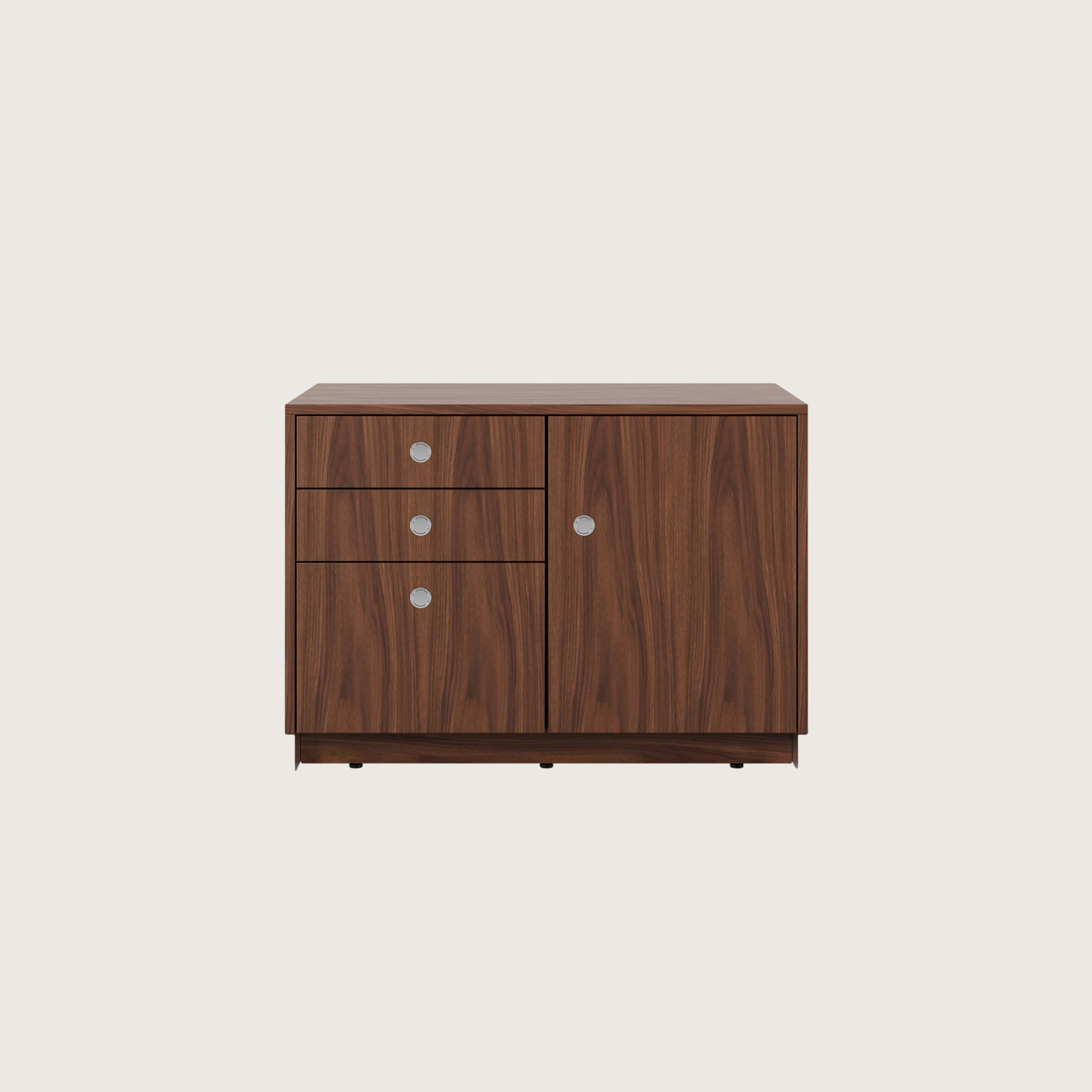 37.5 inch wide Sled Base Credenza with mixed storage in walnut with a chrome base and pulls viewed from the front.