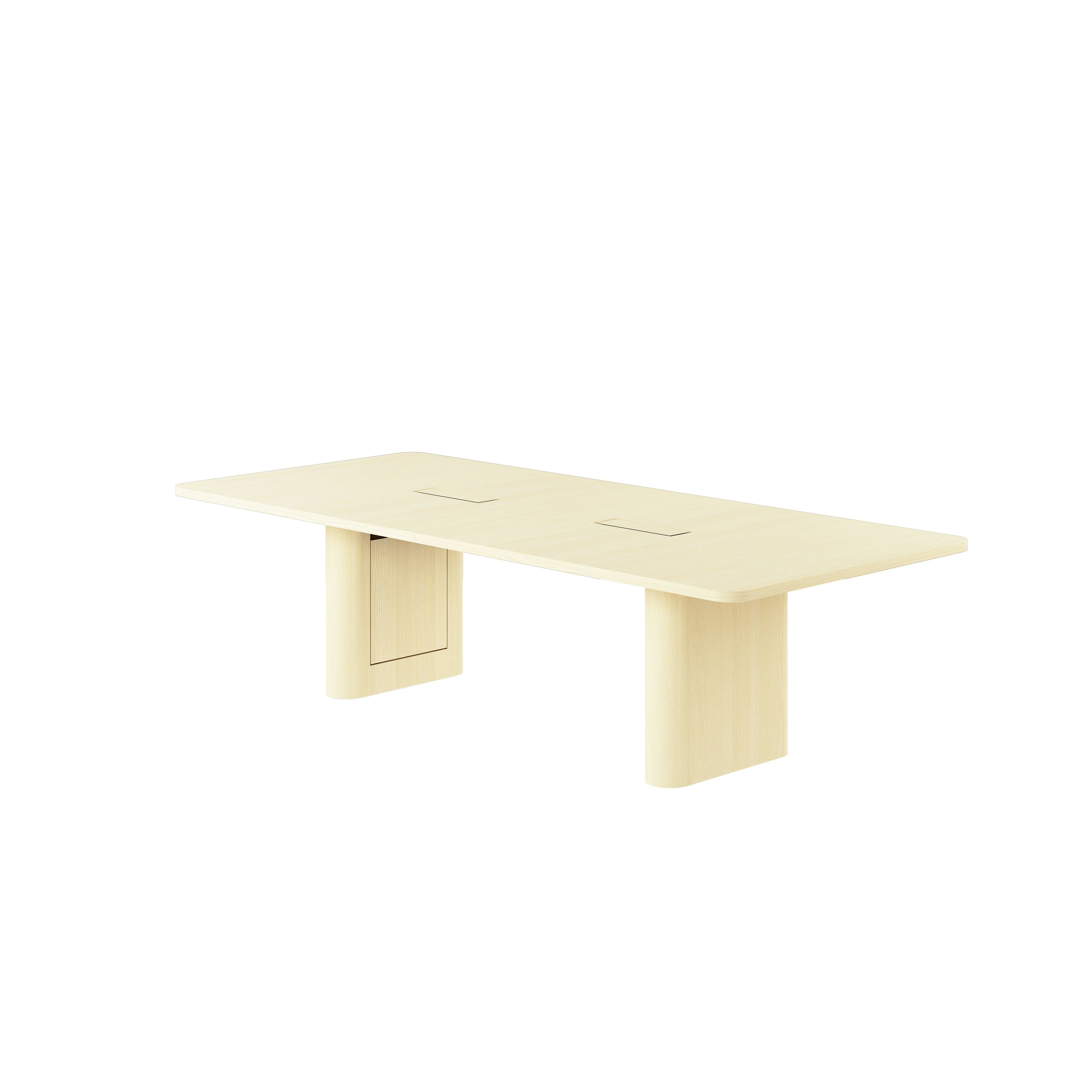 Rectangular JD Conference Table in White Quarter Cut Ash with a 1 and 1/4 inch thick tabletop and racetrack-shaped bases viewed from a 45 degree angle.