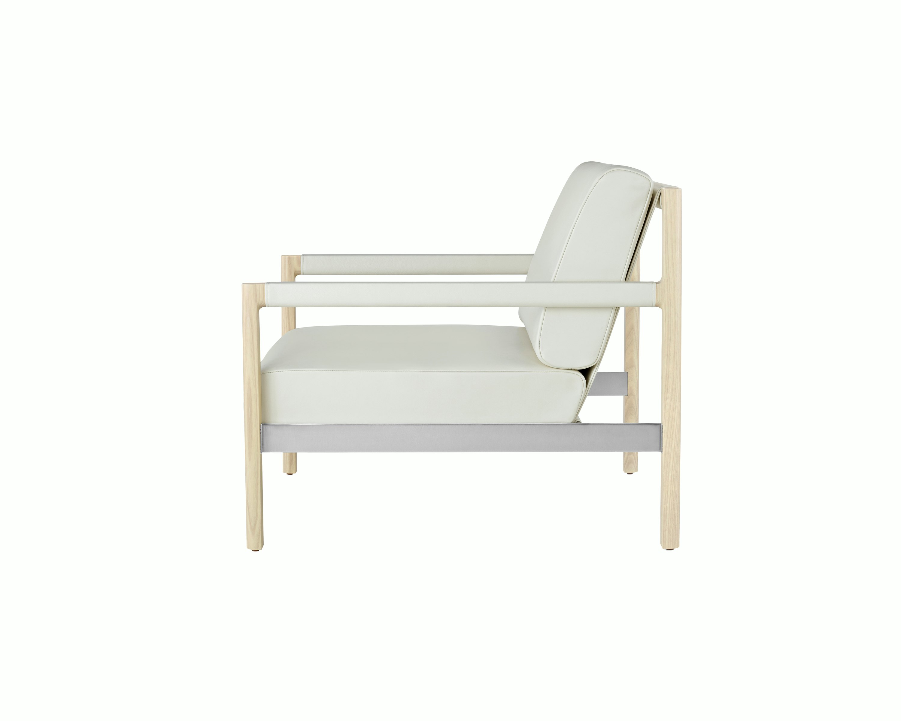 Side view of a Brabo settee, showing the exposed wood and metal frame.