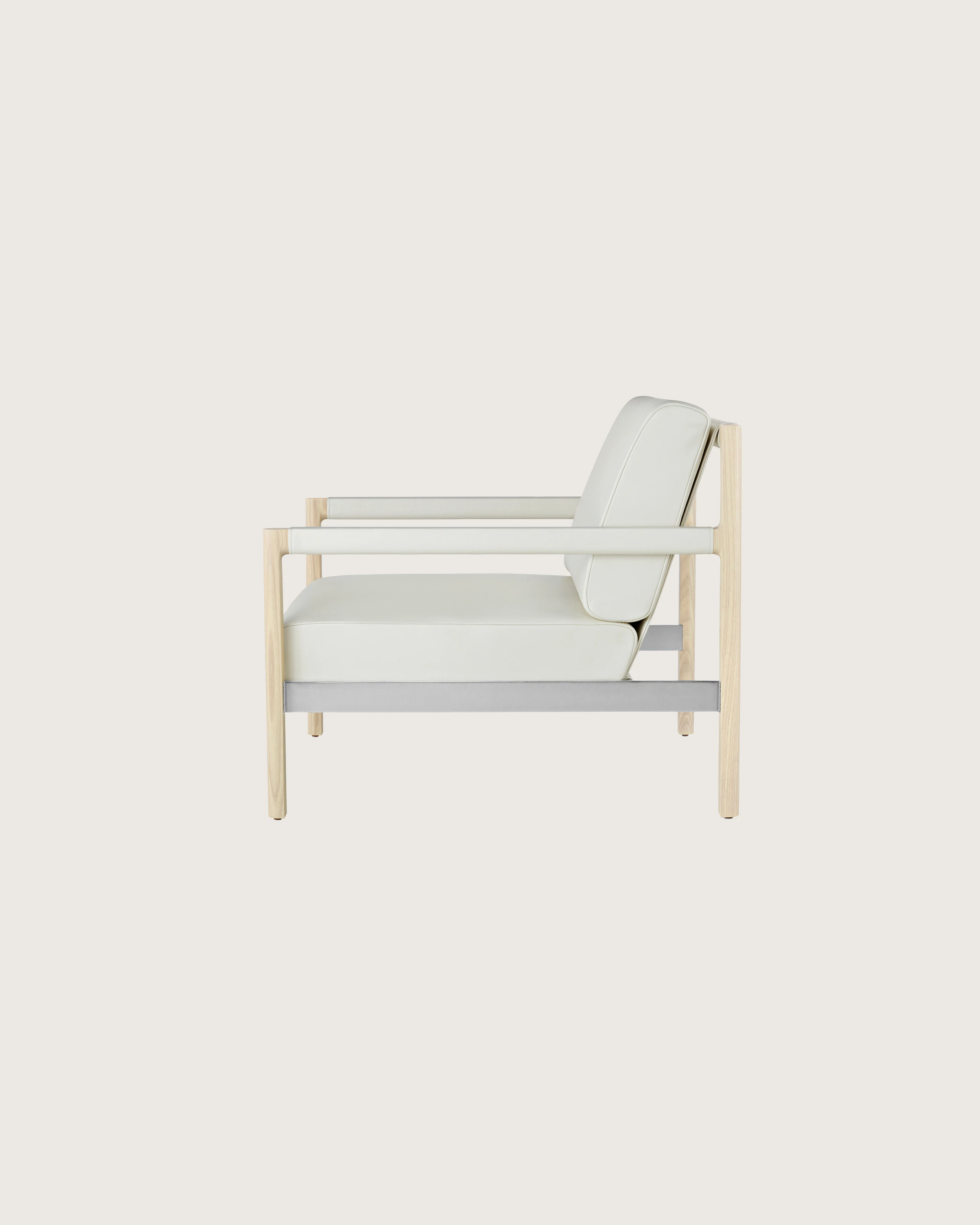 Side view of a Brabo settee, showing the exposed wood and metal frame.