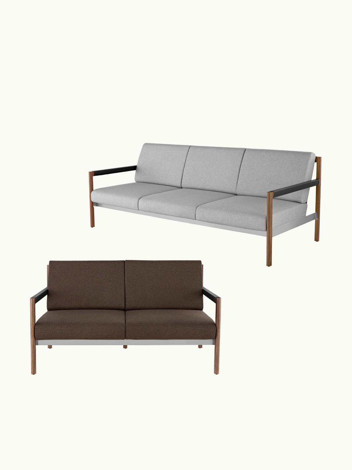 Two Brabo Sofas designed by Vincent Van Duysen, one front-facing settee with a wood frame and dark wood upholstery, one three-seater sofa with a wood frame and grey upholstery shown at an angle and staggered above the other, on a white sweep.
