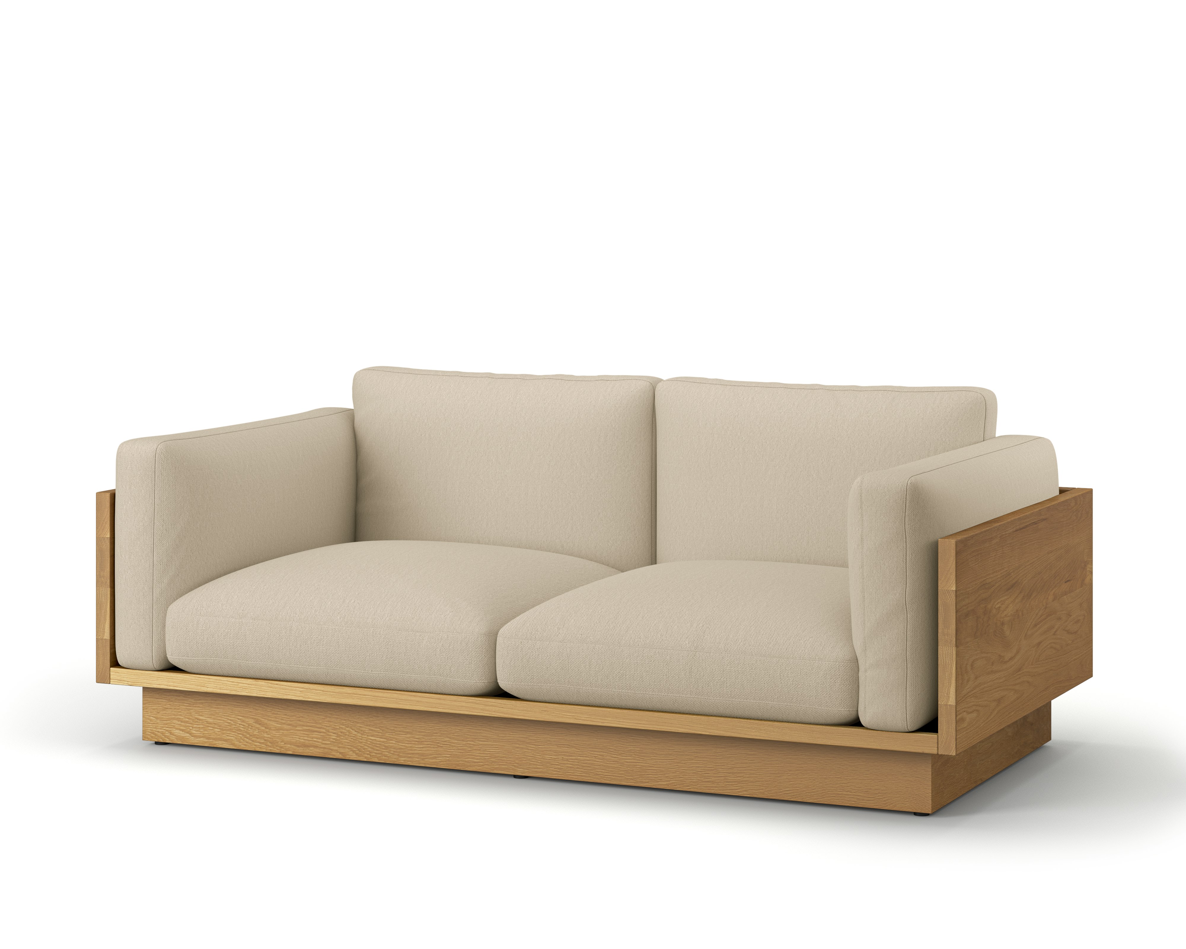 A Pawson Drift Sofa in Album Linen, Gentle, White Oak viewed from an angle.
