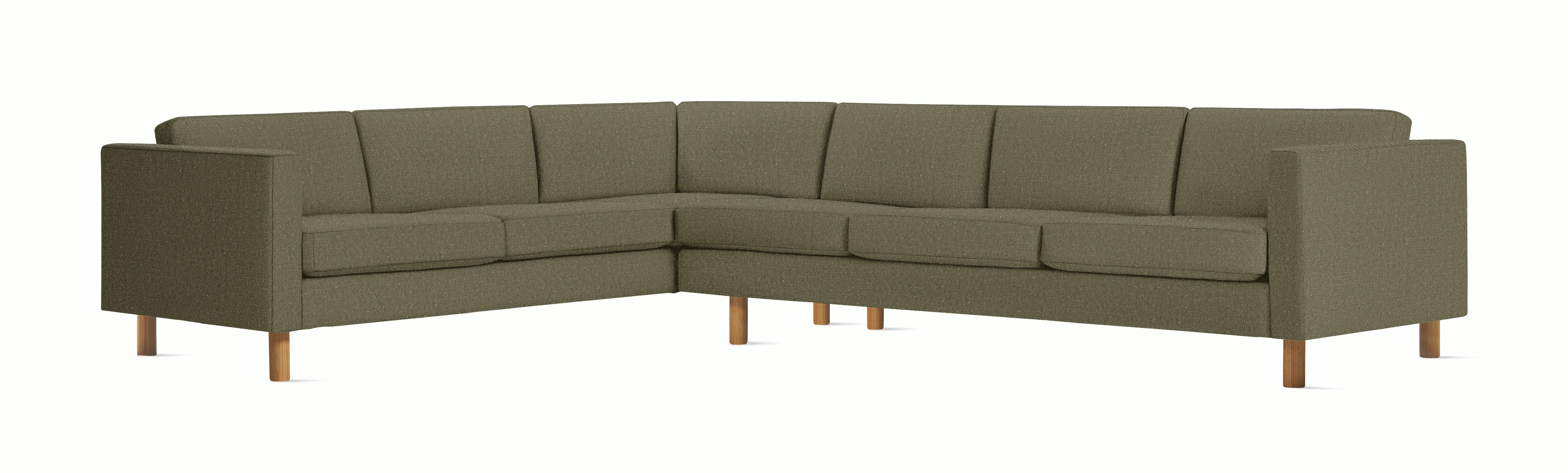 A Lispenard Corner Sectional in Powder with Oak finish viewed from the front.