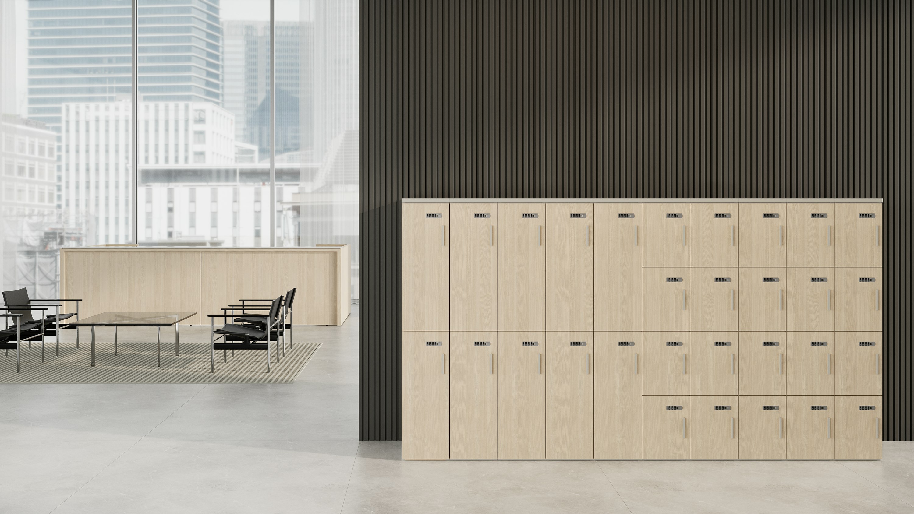 Entry way space into office with a group of lockers.