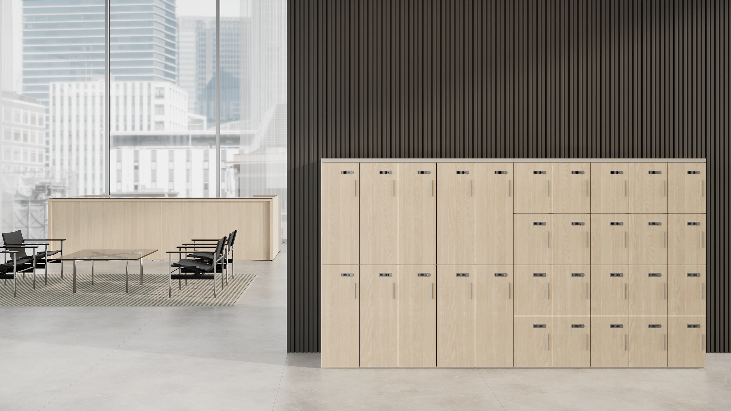 Entry way space into office with a group of lockers.