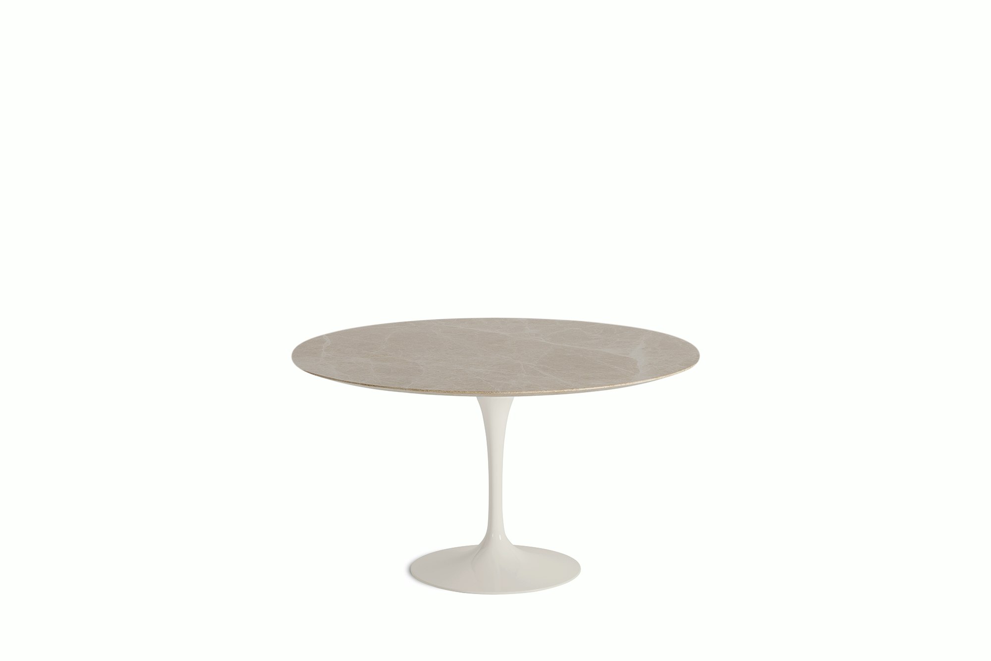 A Saarinen Dining Table in Emperador Light viewed from the front.