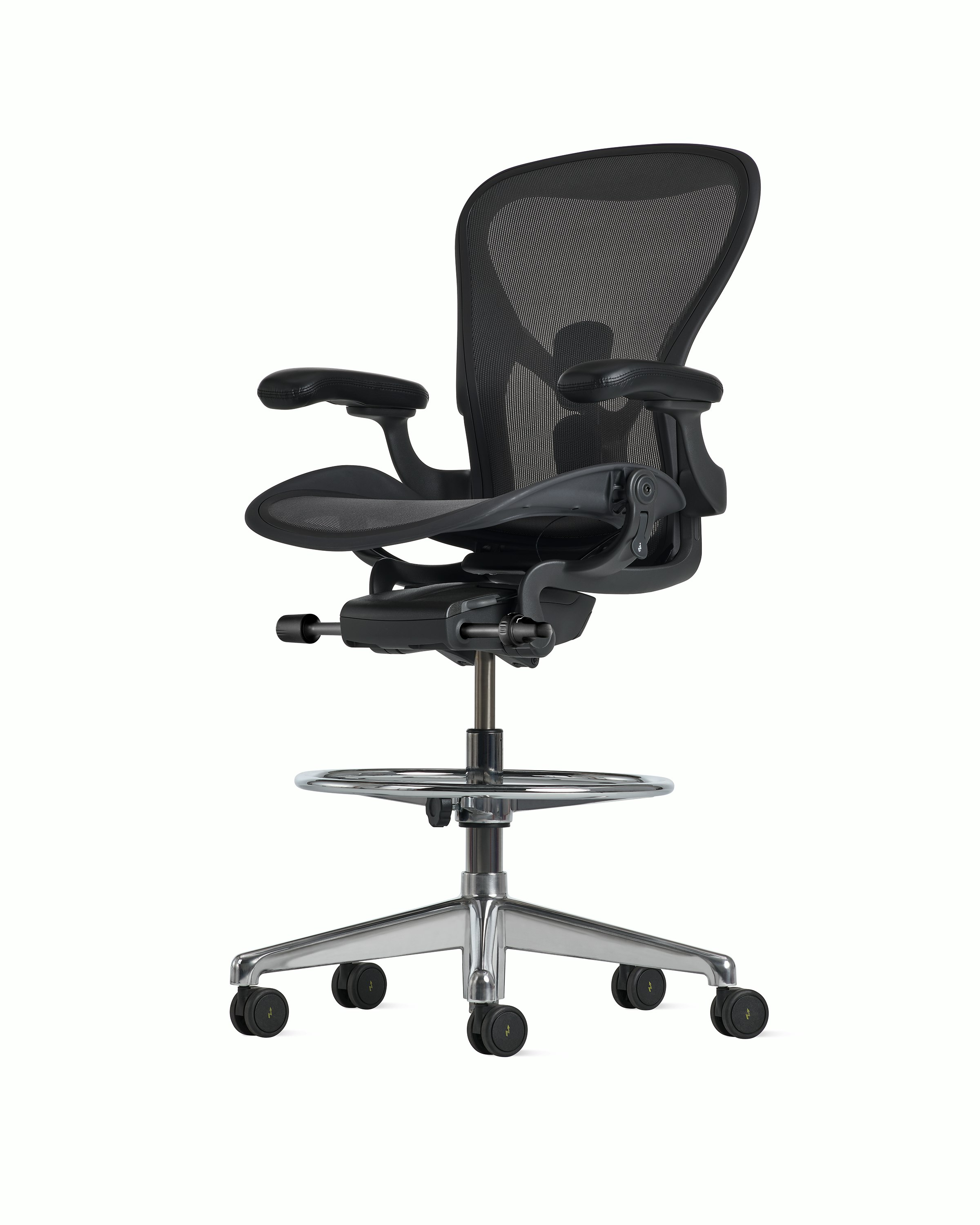 Front angle view of an Aeron ESD stool, granite frame and suspension and polished base.