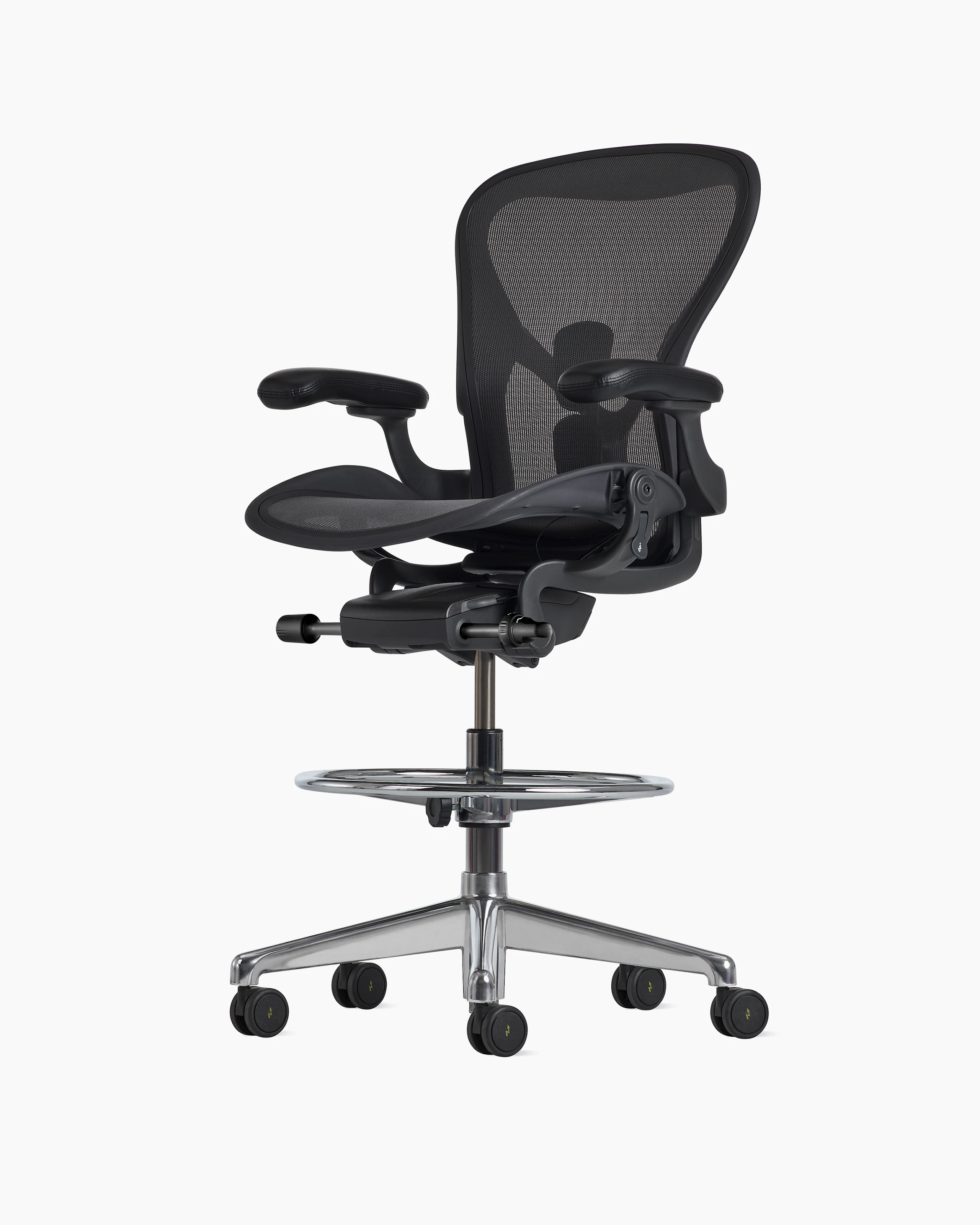 Front angle view of an Aeron ESD stool, granite frame and suspension and polished base.