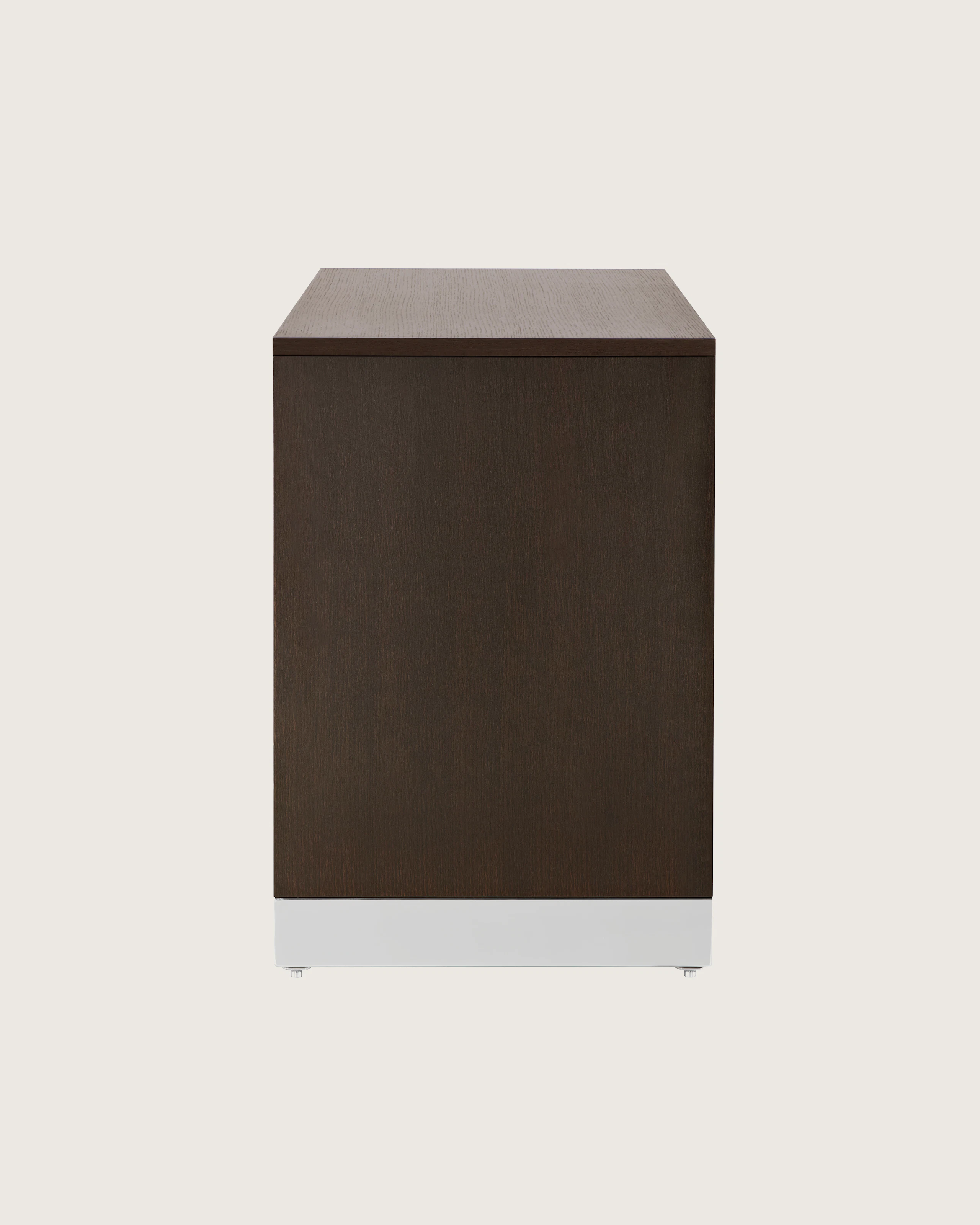 Profile view of a Sled Base Storage unit with a dark wood finish.