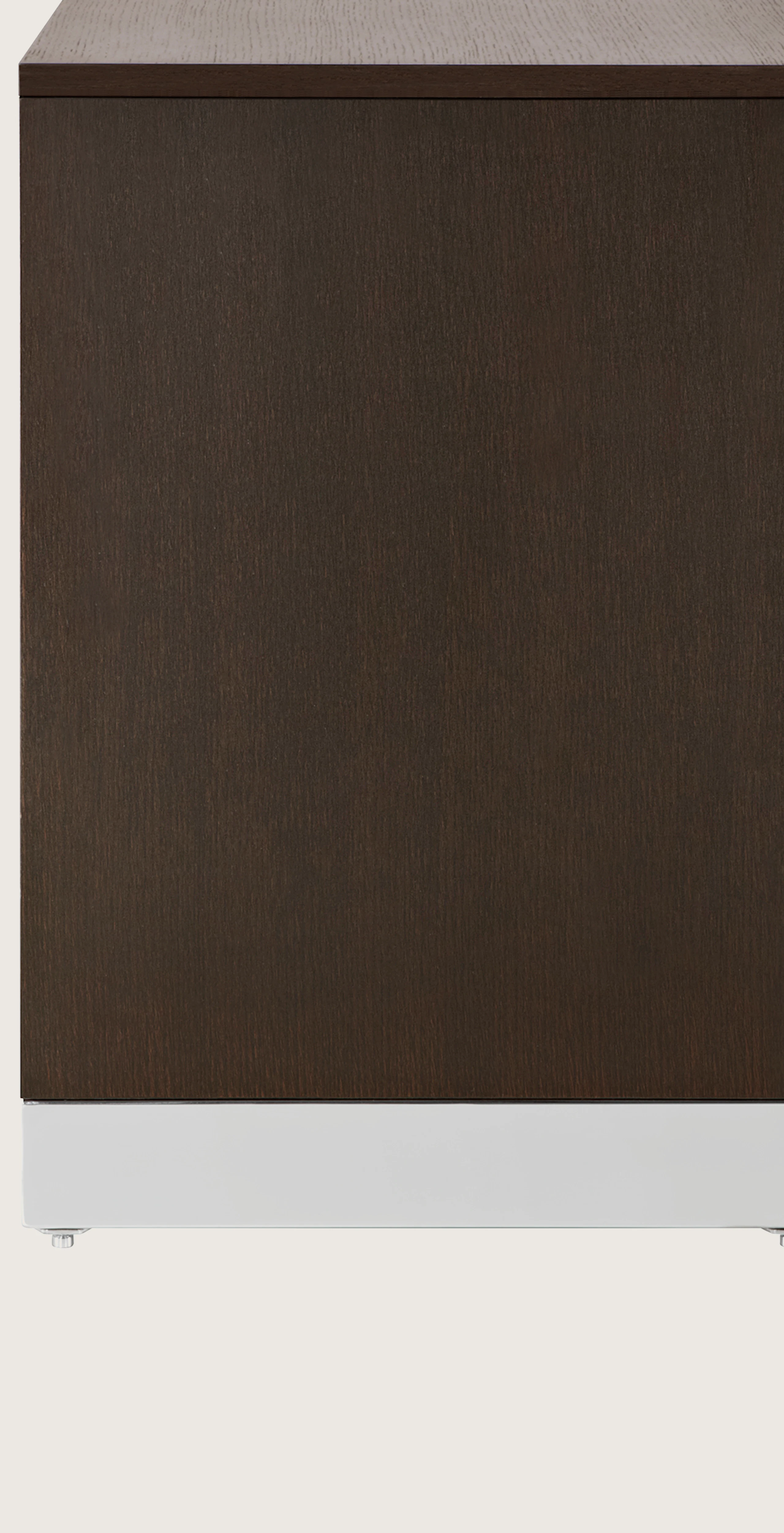 Profile view of a Sled Base Storage unit with a dark wood finish.