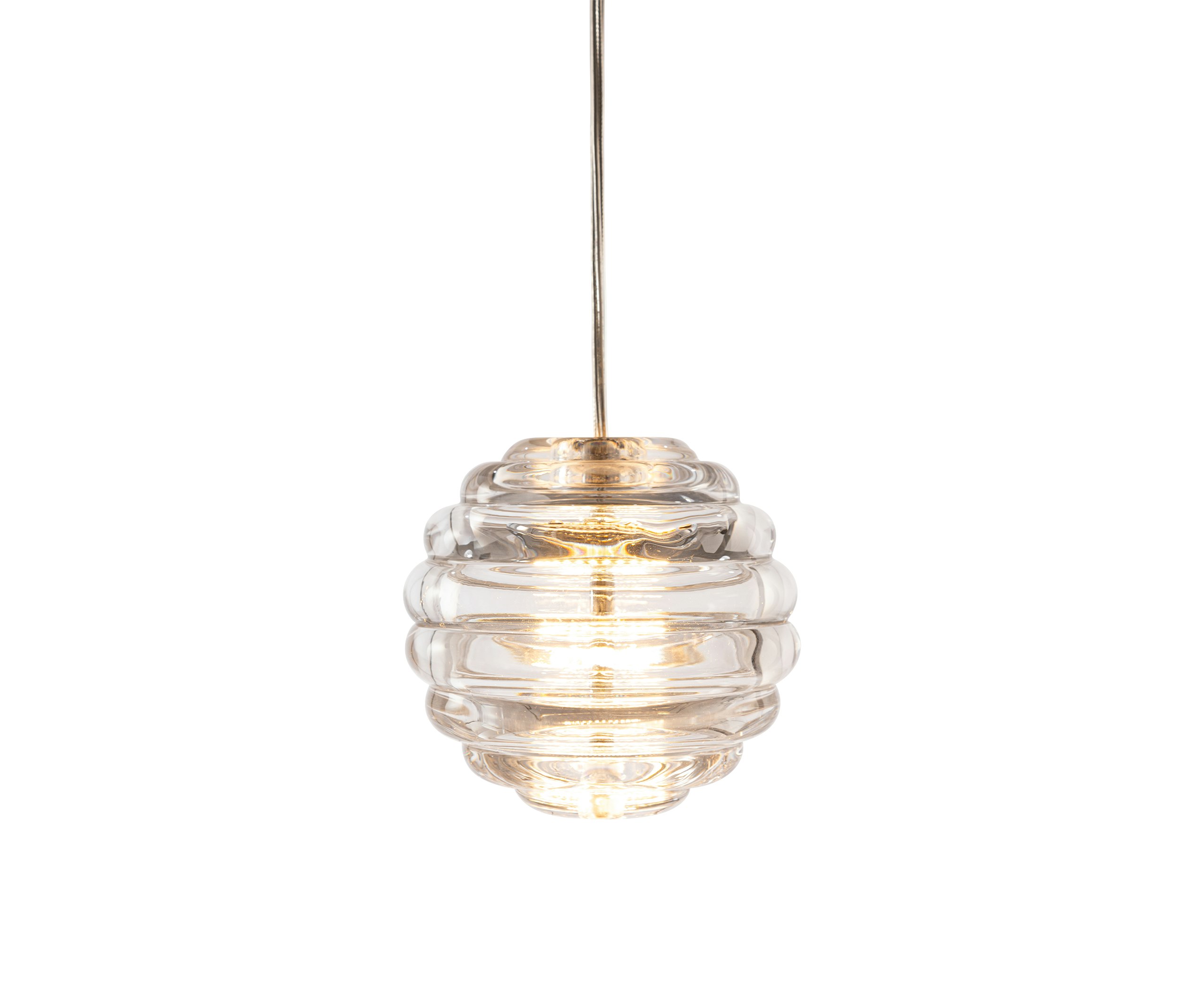 A Press Mini Sphere Pendant in Clear Glass viewed from the front.