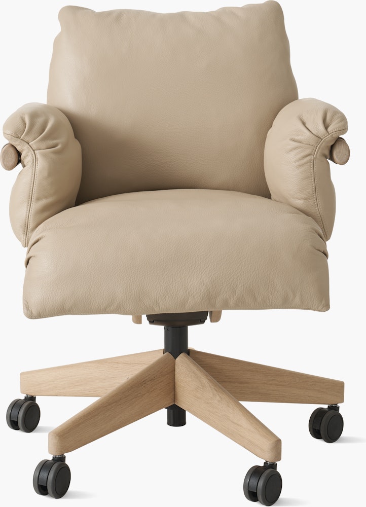 Ramus Chair - Low Back,  Comfort Leather,  Grey Beige,  Oak,  Satin Brass,  Hard Floor Caster