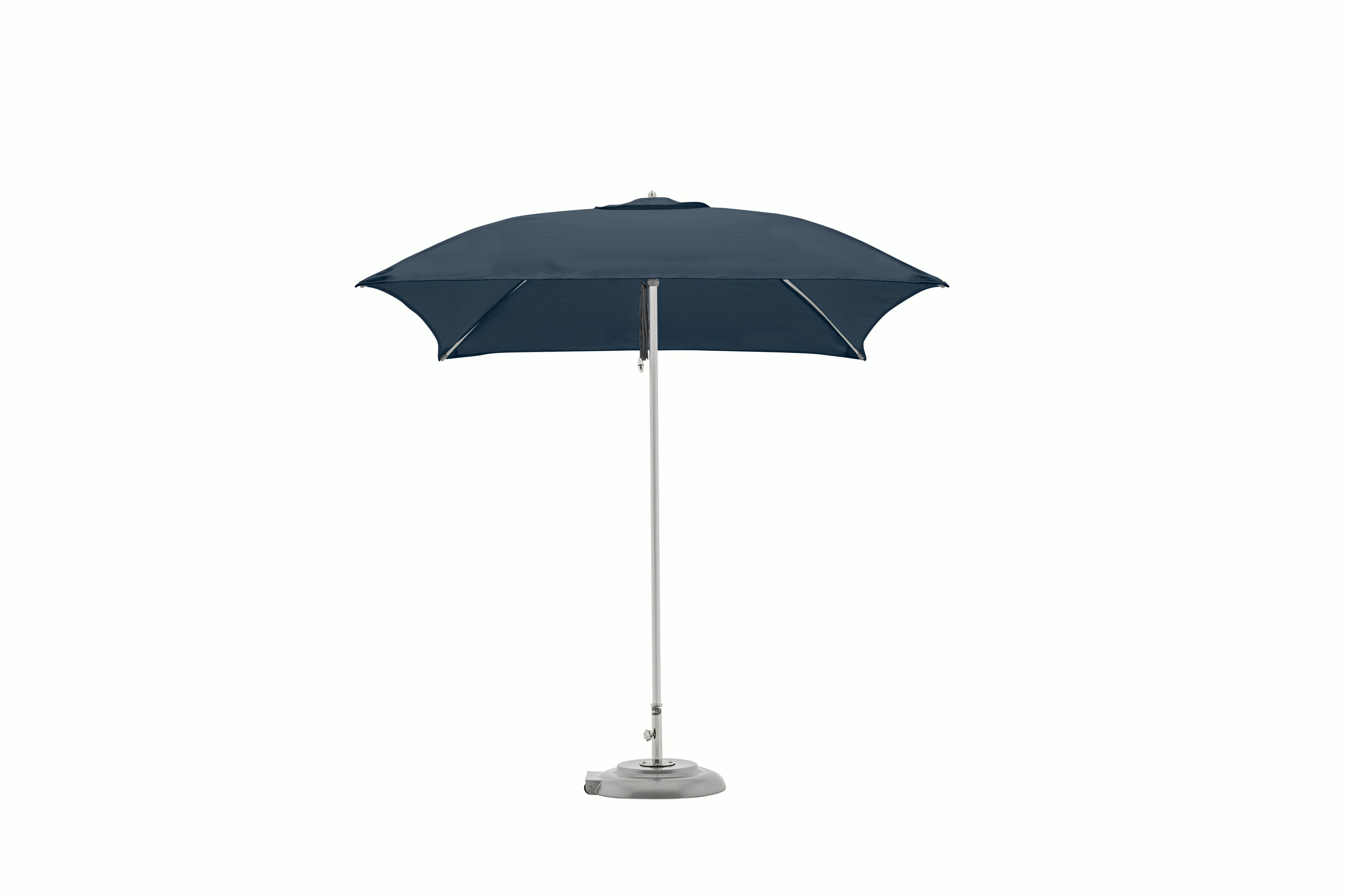 A Tuuci Bay Master Fiber Flex Hexagon Umbrella in Blue Stone viewed from the front.