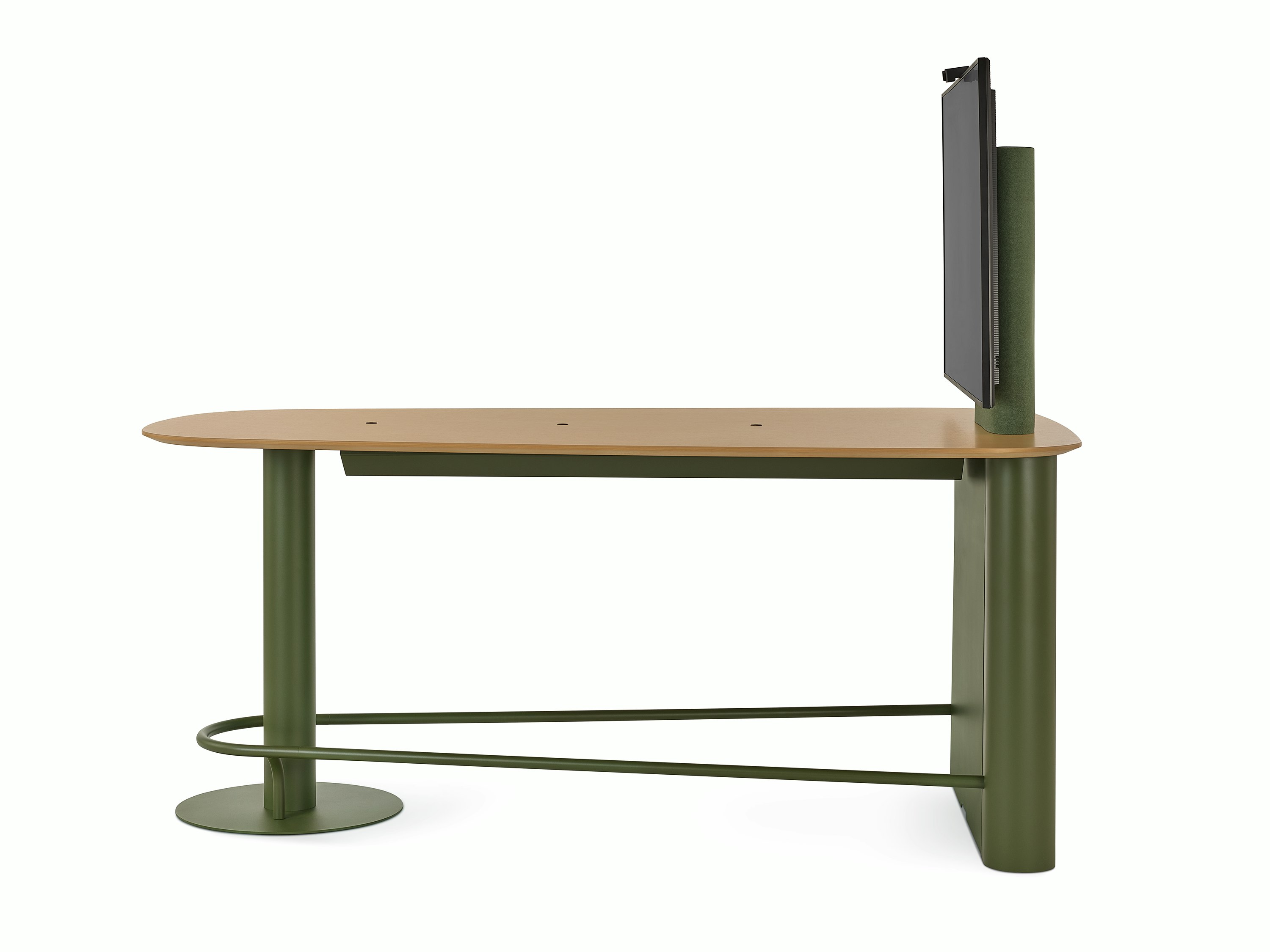 Headway Huddle Table with mounted monitor, footrest, and surface embedded Ello Micro Vine usb-c power.