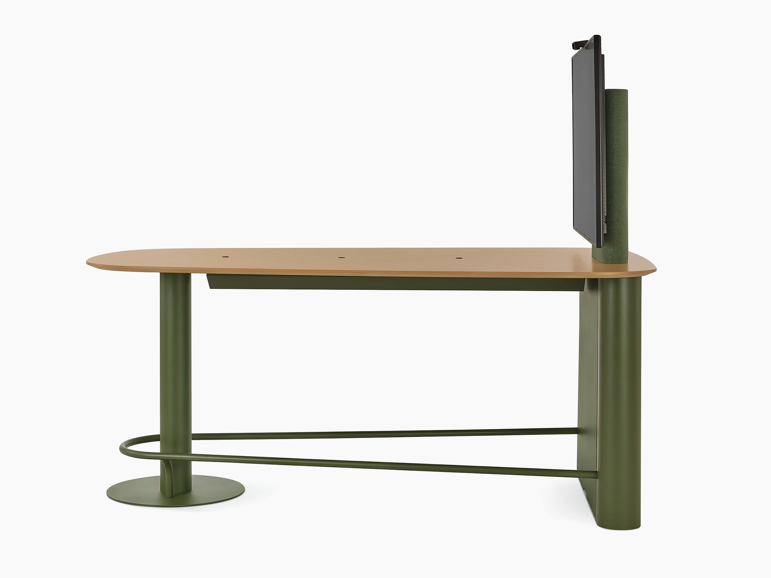 Headway Huddle Table with mounted monitor, footrest, and surface embedded Ello Micro Vine usb-c power.