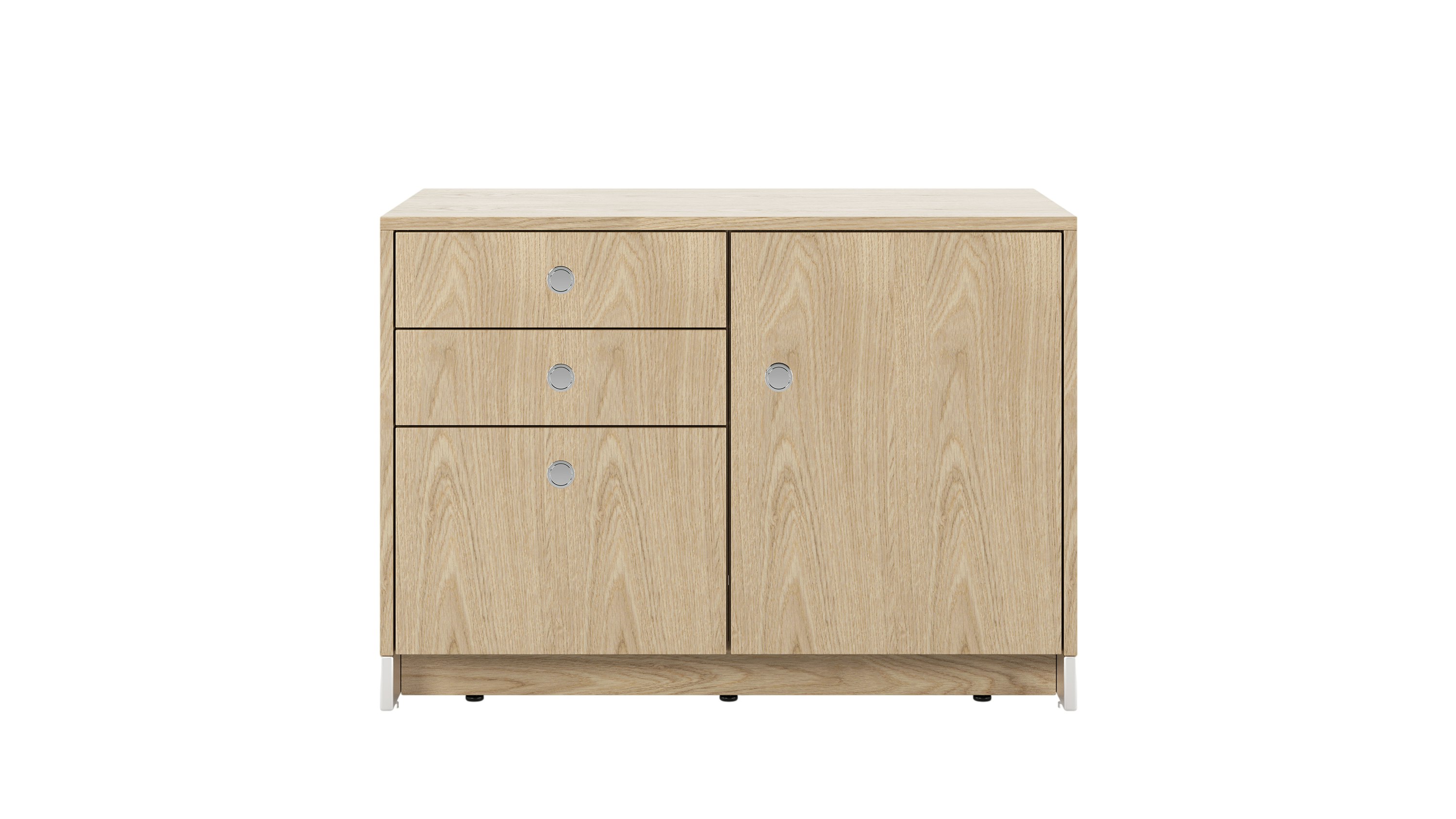 37.5 inch wide Sled Base Credenza with mixed storage in oak with a chrome base and pulls viewed from the front.