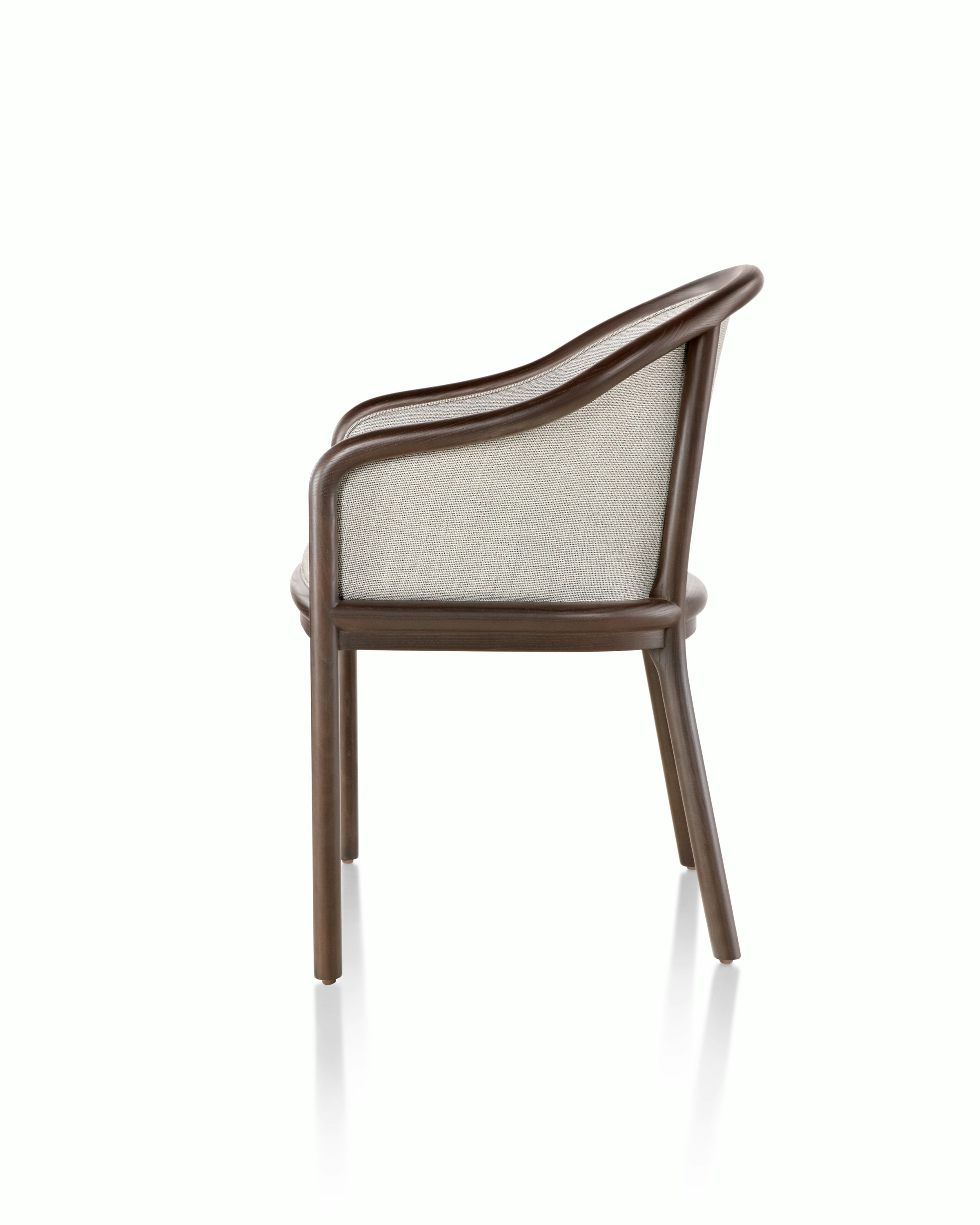 Side view of a Landmark side chair with light gray French upholstery, a dark wood frame, and standard-height arms.