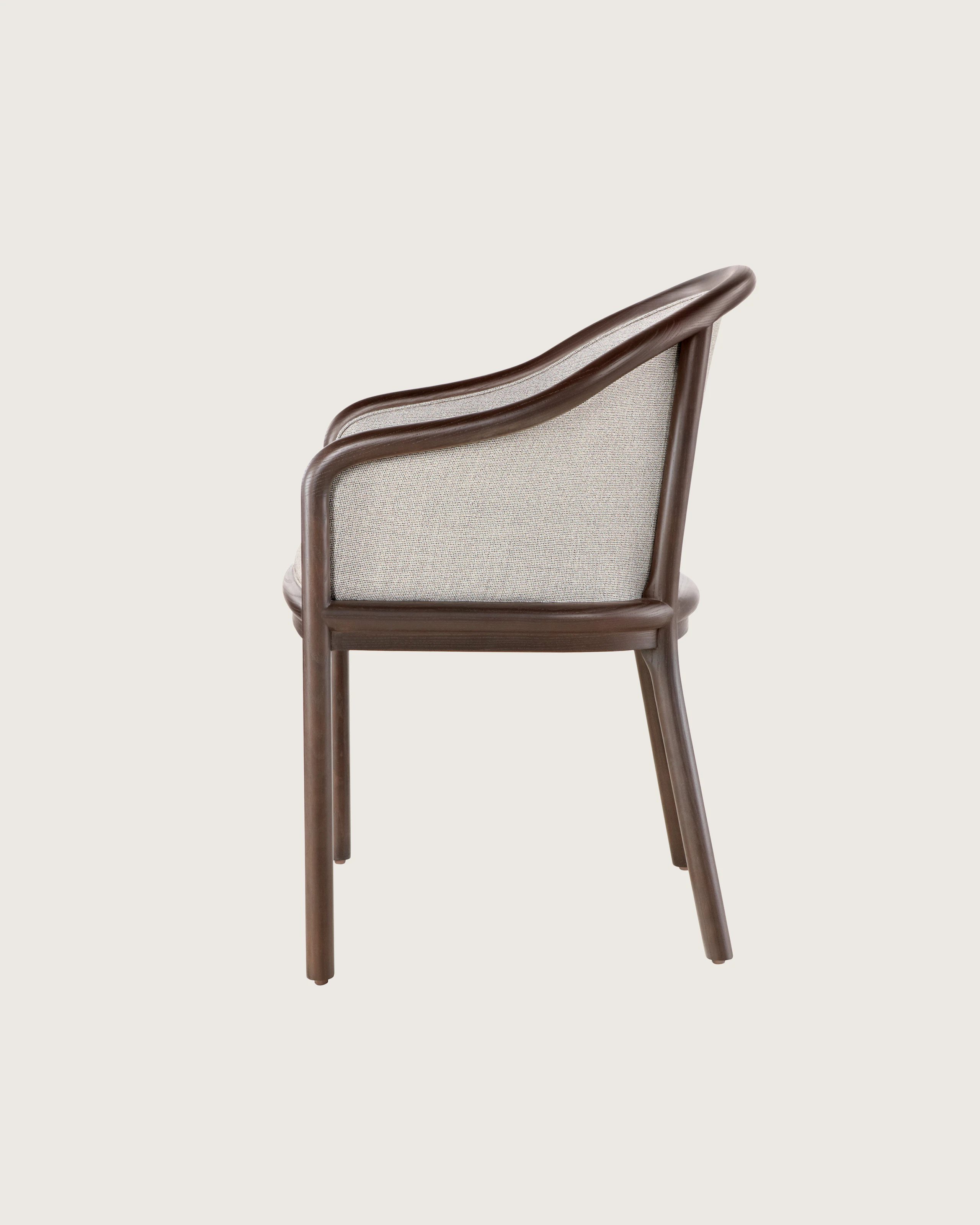 Side view of a Landmark side chair with light gray French upholstery, a dark wood frame, and standard-height arms.