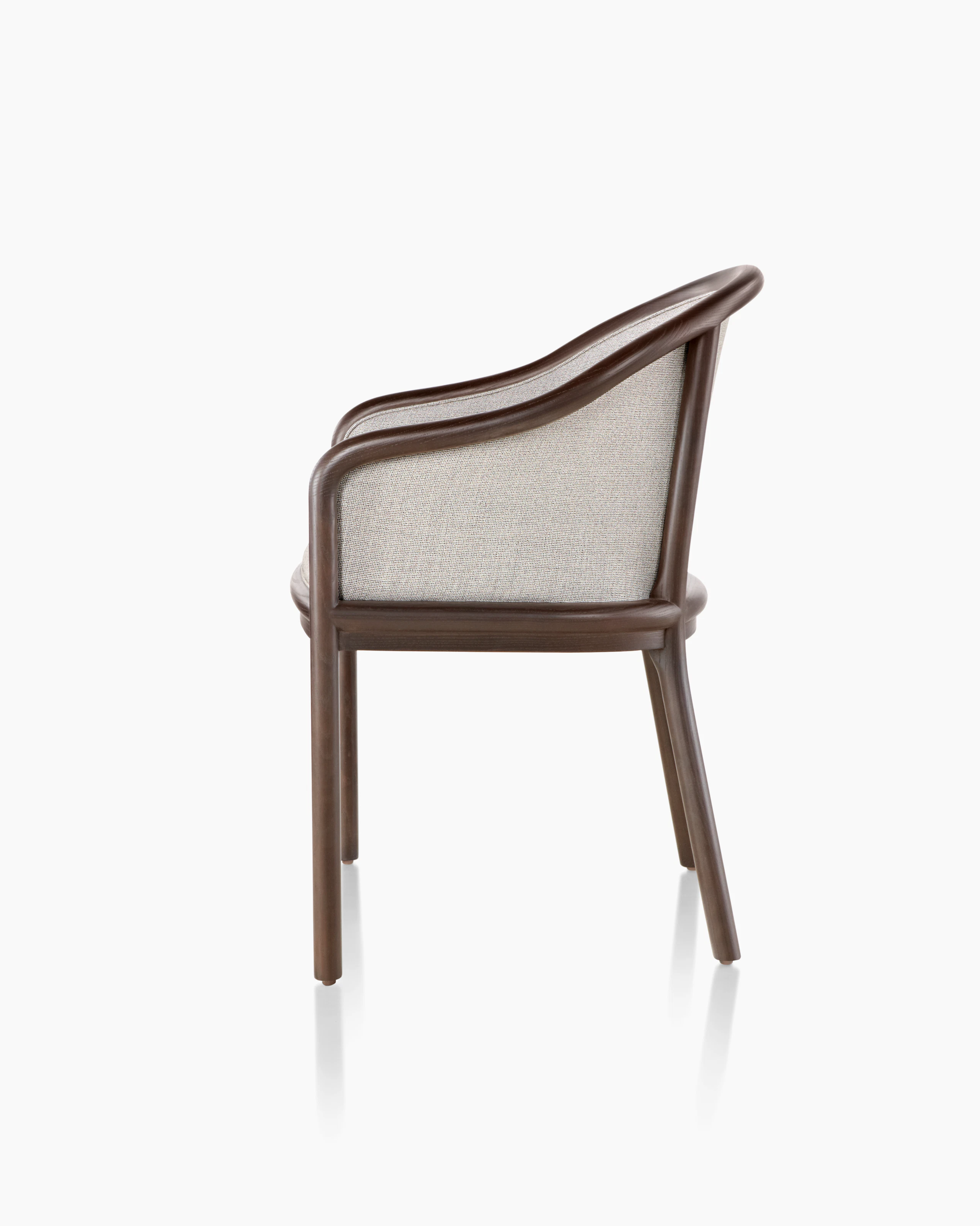Side view of a Landmark side chair with light gray French upholstery, a dark wood frame, and standard-height arms.