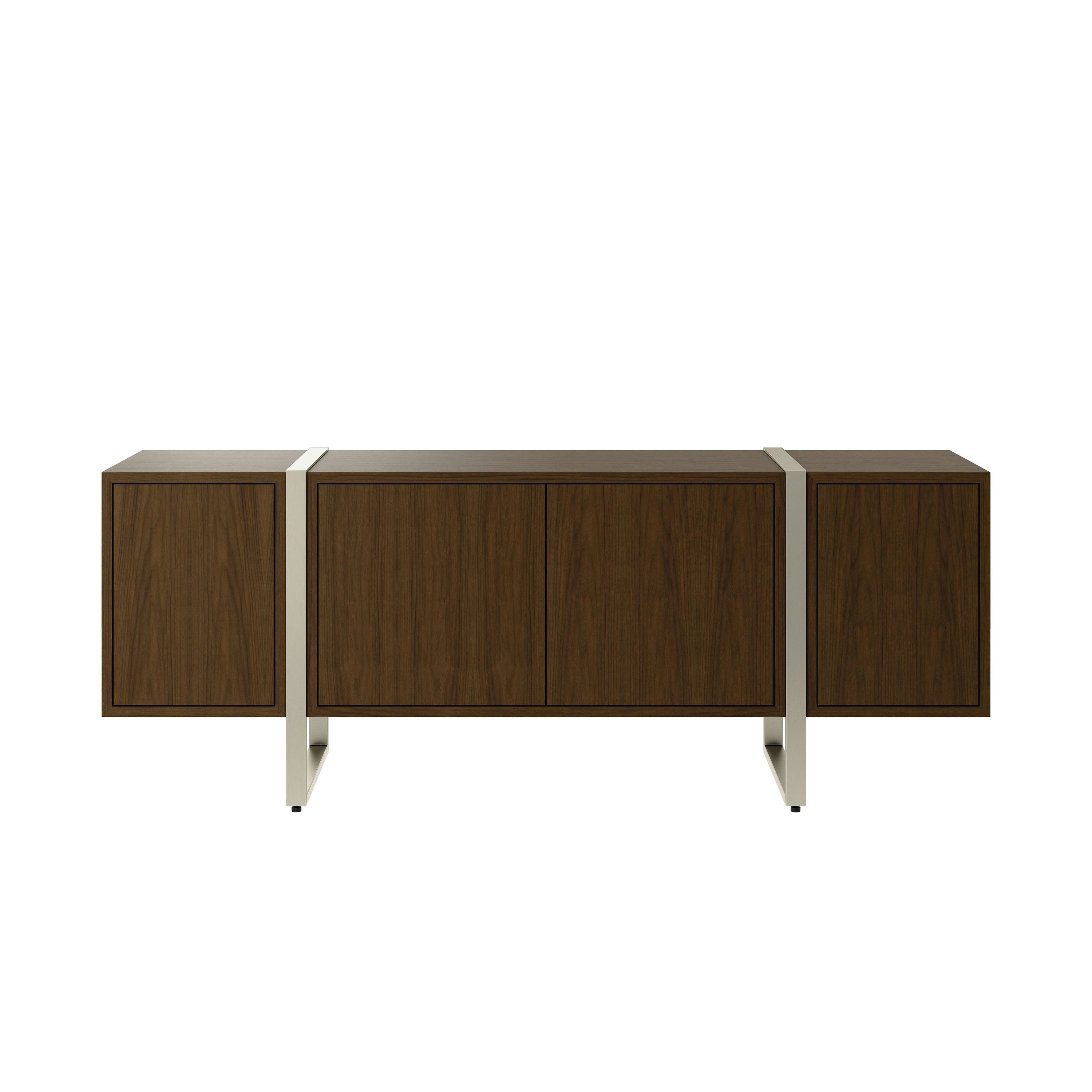Highline Credenza in Natural Flat Cut Walnut with Satin Nickel Legs viewed from the front.