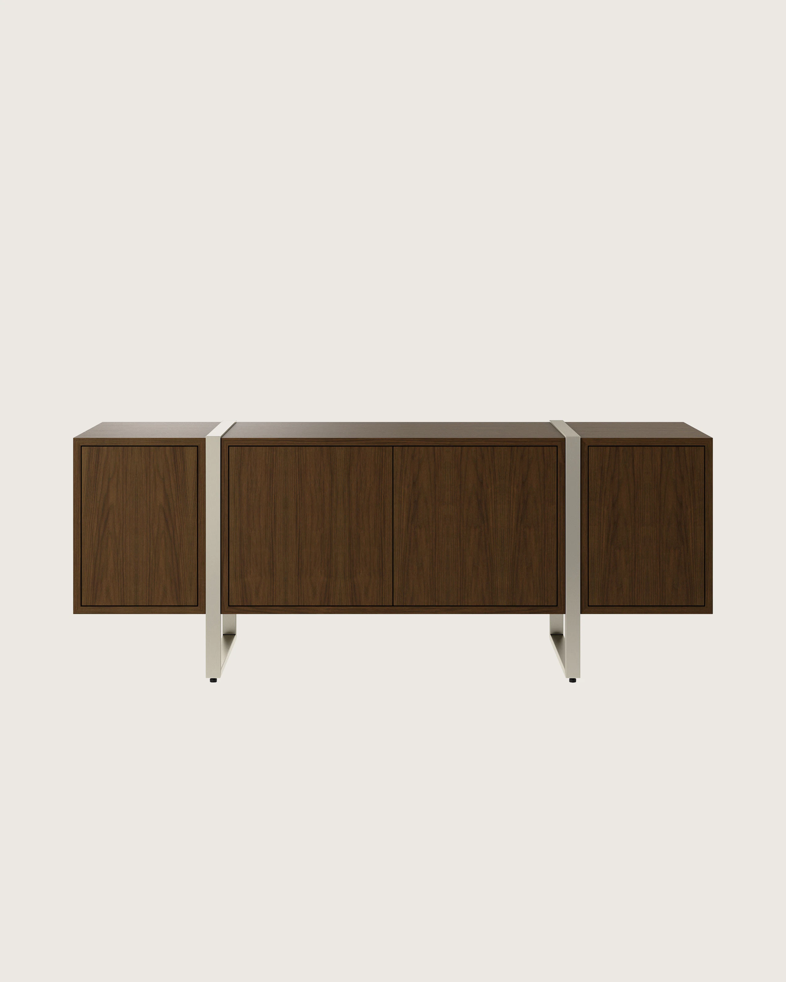 Highline Credenza in Natural Flat Cut Walnut with Satin Nickel Legs viewed from the front.