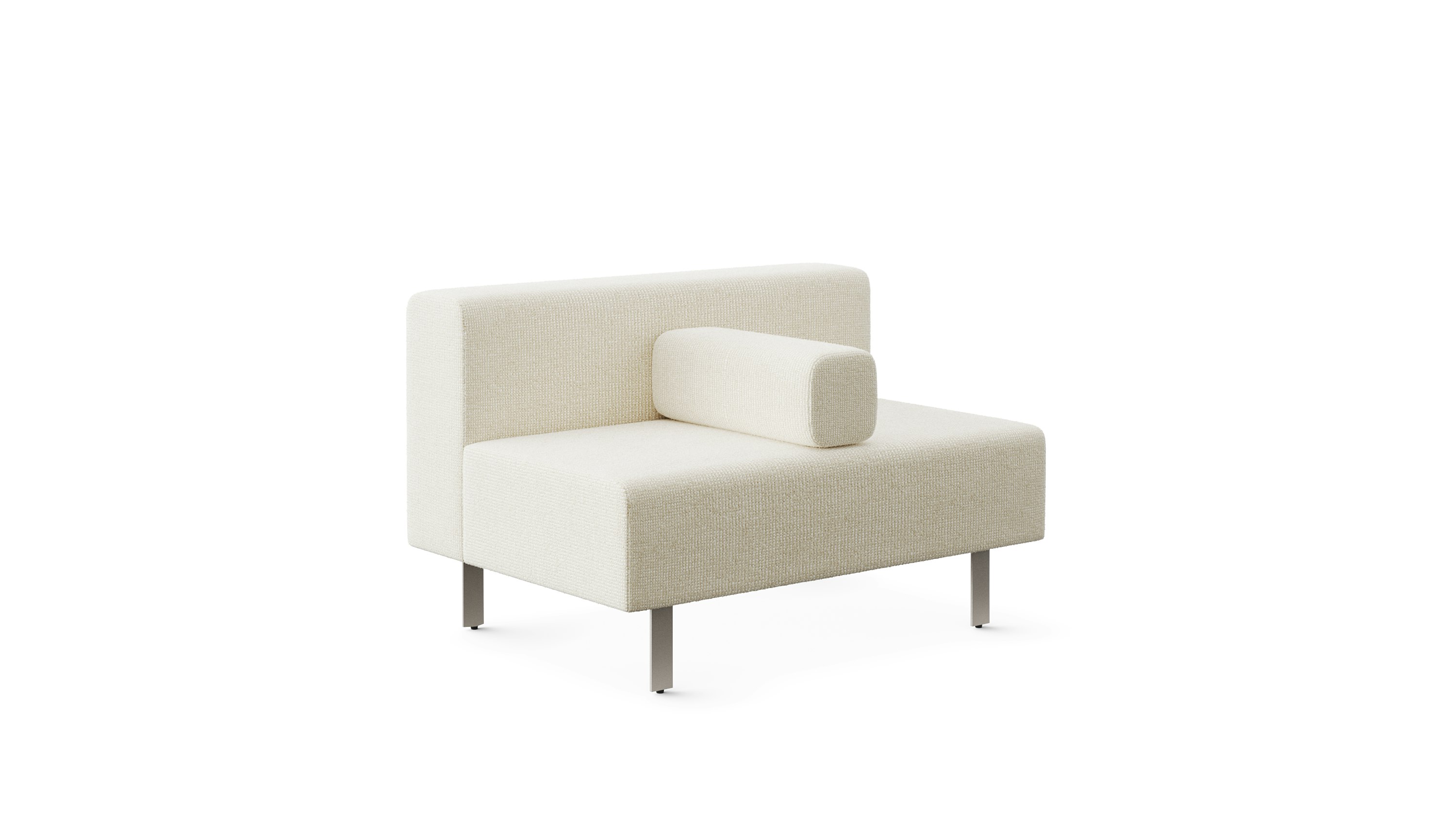 A light colored lounge seat is shown from an angle. There is a rectangular pillow on the seat that matches the bench.