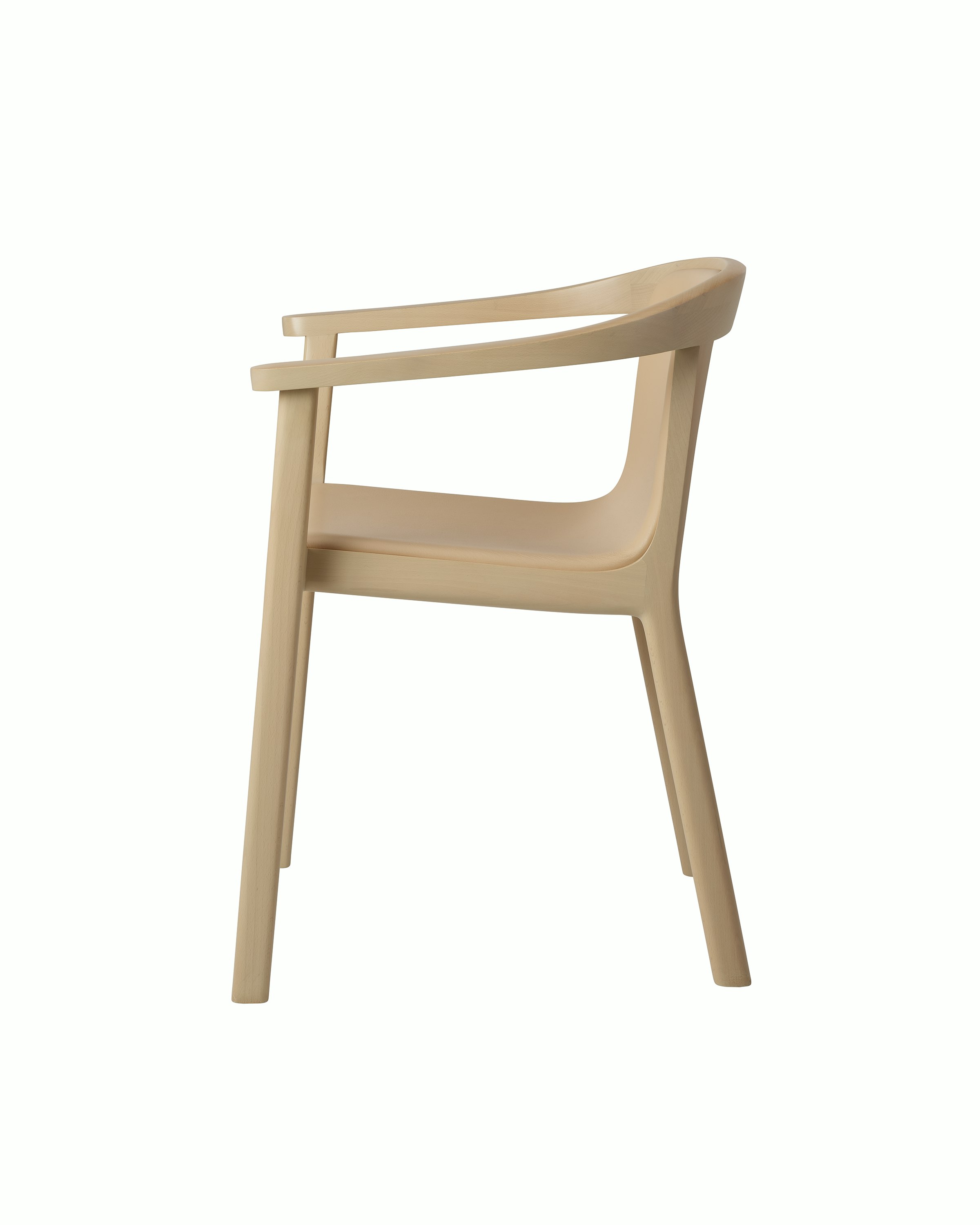 Lijn Armchair by Carole Baijings for Geiger in Light Beech frame upholstered with Maharam Prone Leather in Balsa, side view on a white sweep.