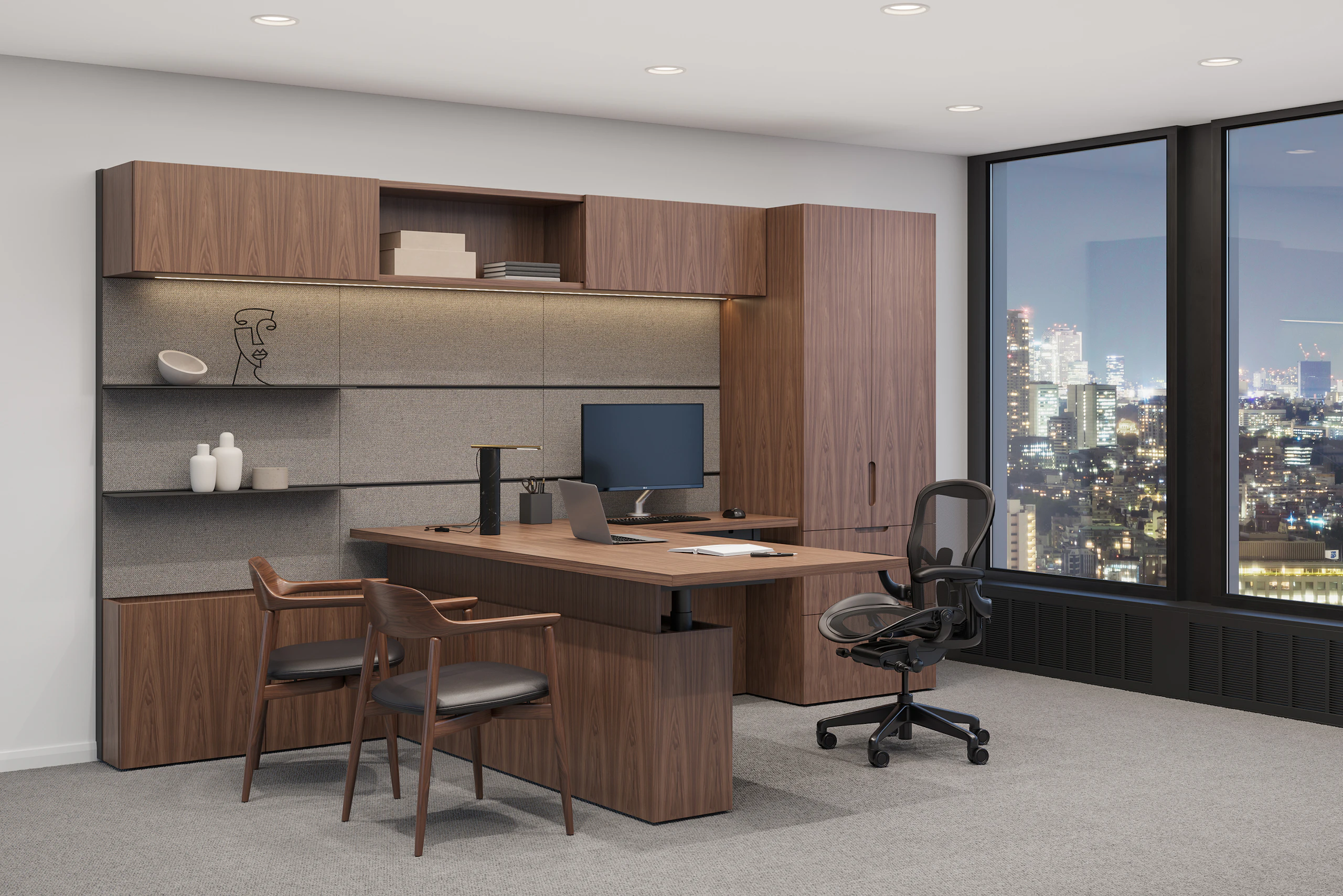 Geiger One Private Office in Natural Walnut with Aeron Task and Crosshatch Guest Seating.
