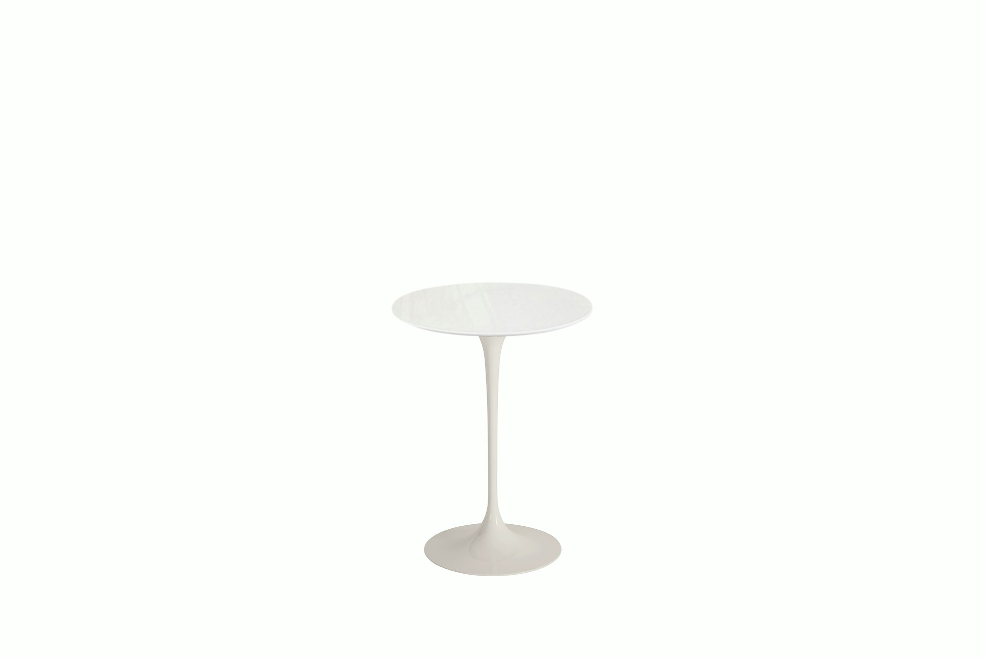 A Saarinen Side Table in Vetro Bianco viewed from the front.