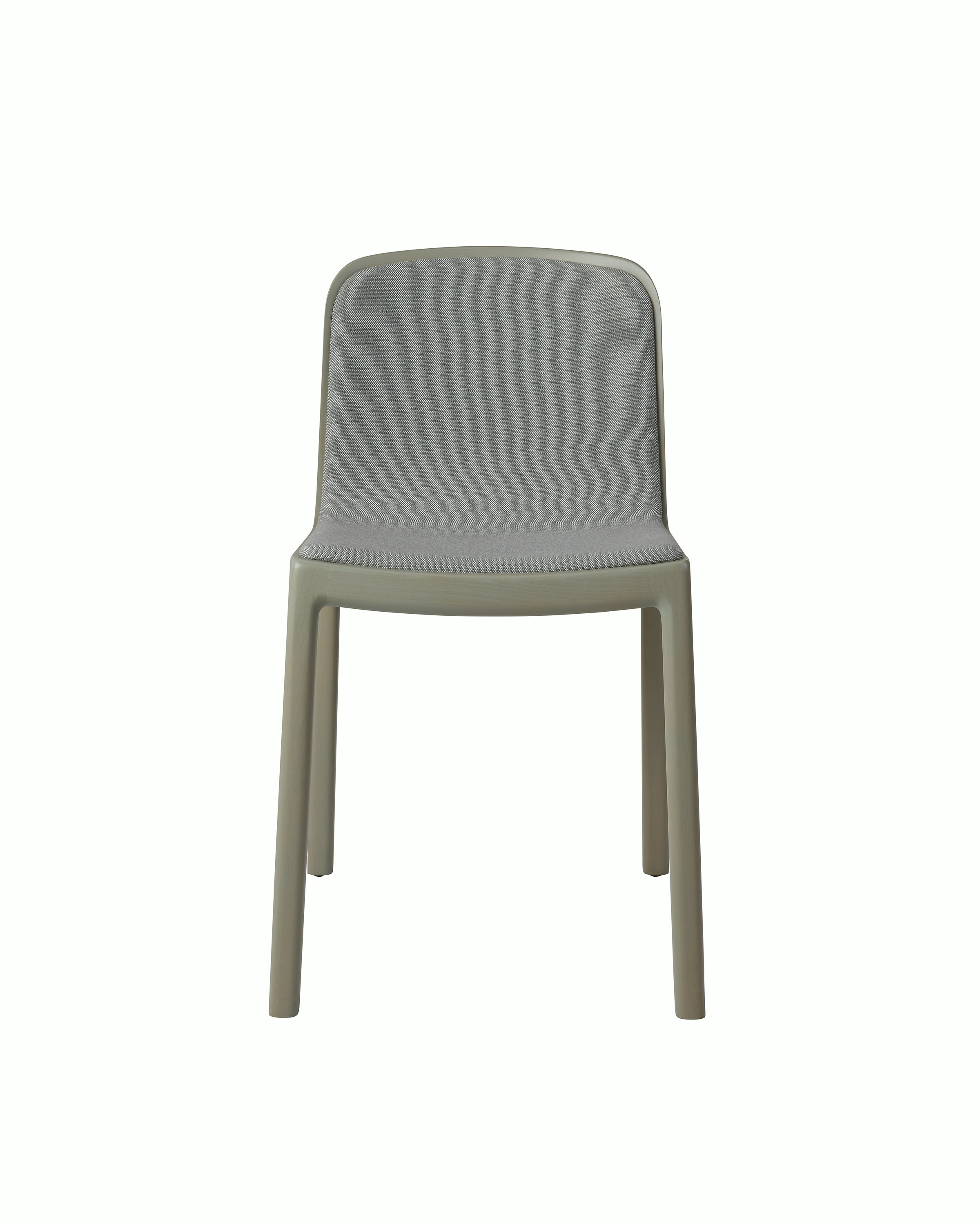 Lijn Side Chair by Carole Baijings for Geiger in Pumice frame upholstered with Maharam Rowan in Daydream, front view on a white sweep.