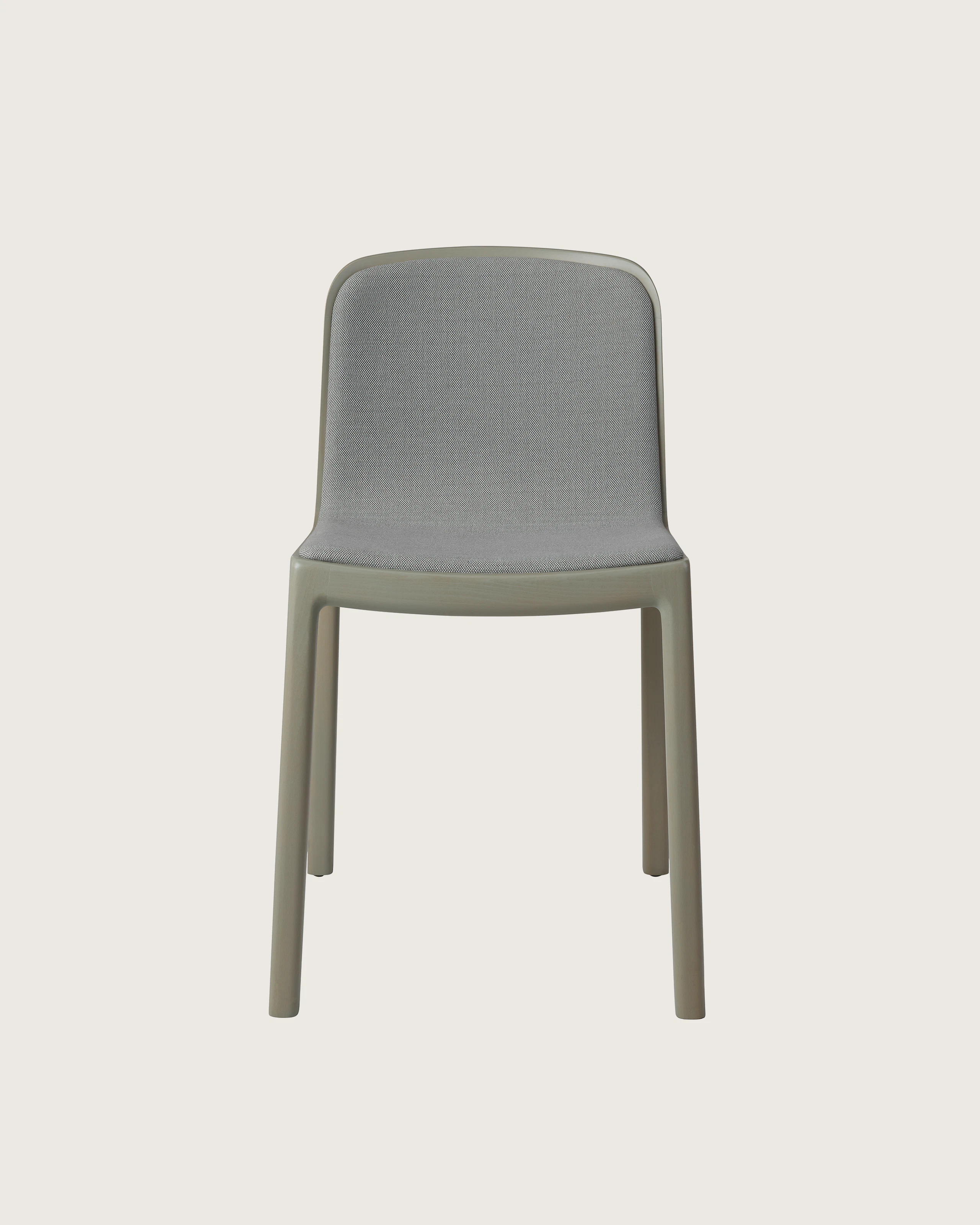 Lijn Side Chair by Carole Baijings for Geiger in Pumice frame upholstered with Maharam Rowan in Daydream, front view on a white sweep.