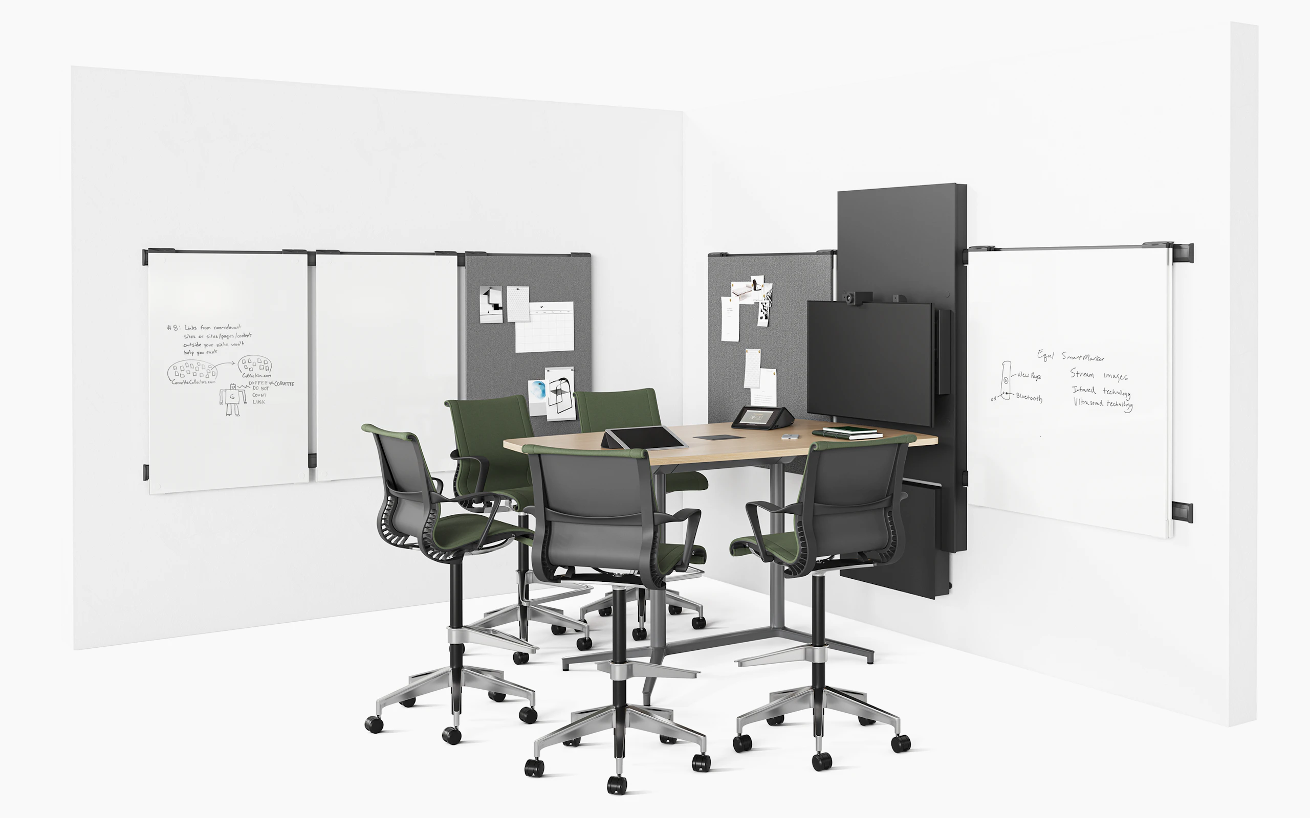 A rendering image of the Headway Conference Table with Y Base in a huddle room with video conferencing and Setu Stools.