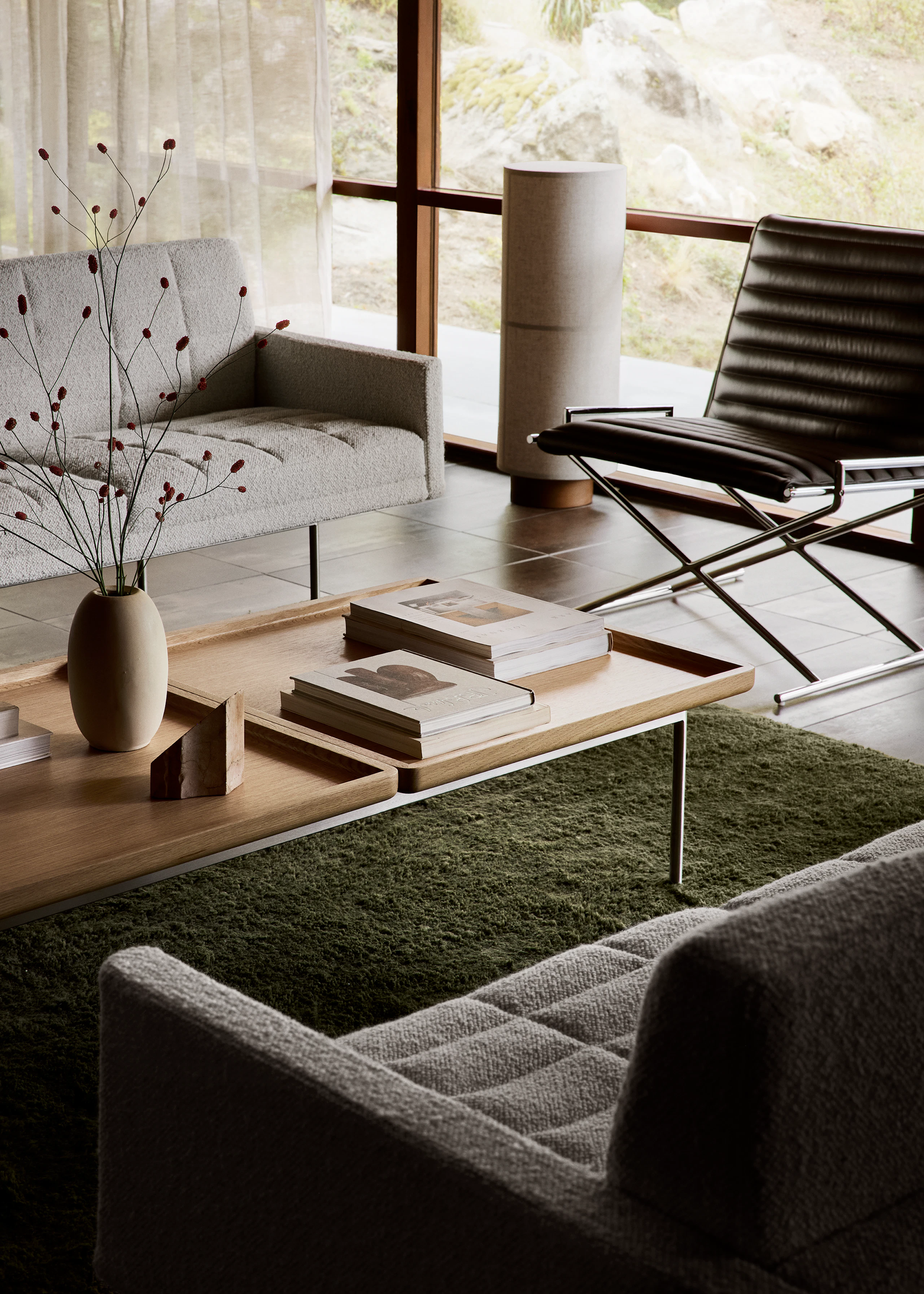 Tuxedo Component Sofas and Coffee Table by Bassam Fellows for Geiger, sofa in Dove Prisina Textile, coffee table in oak, shown in a lounge setting with a Sled Chair.