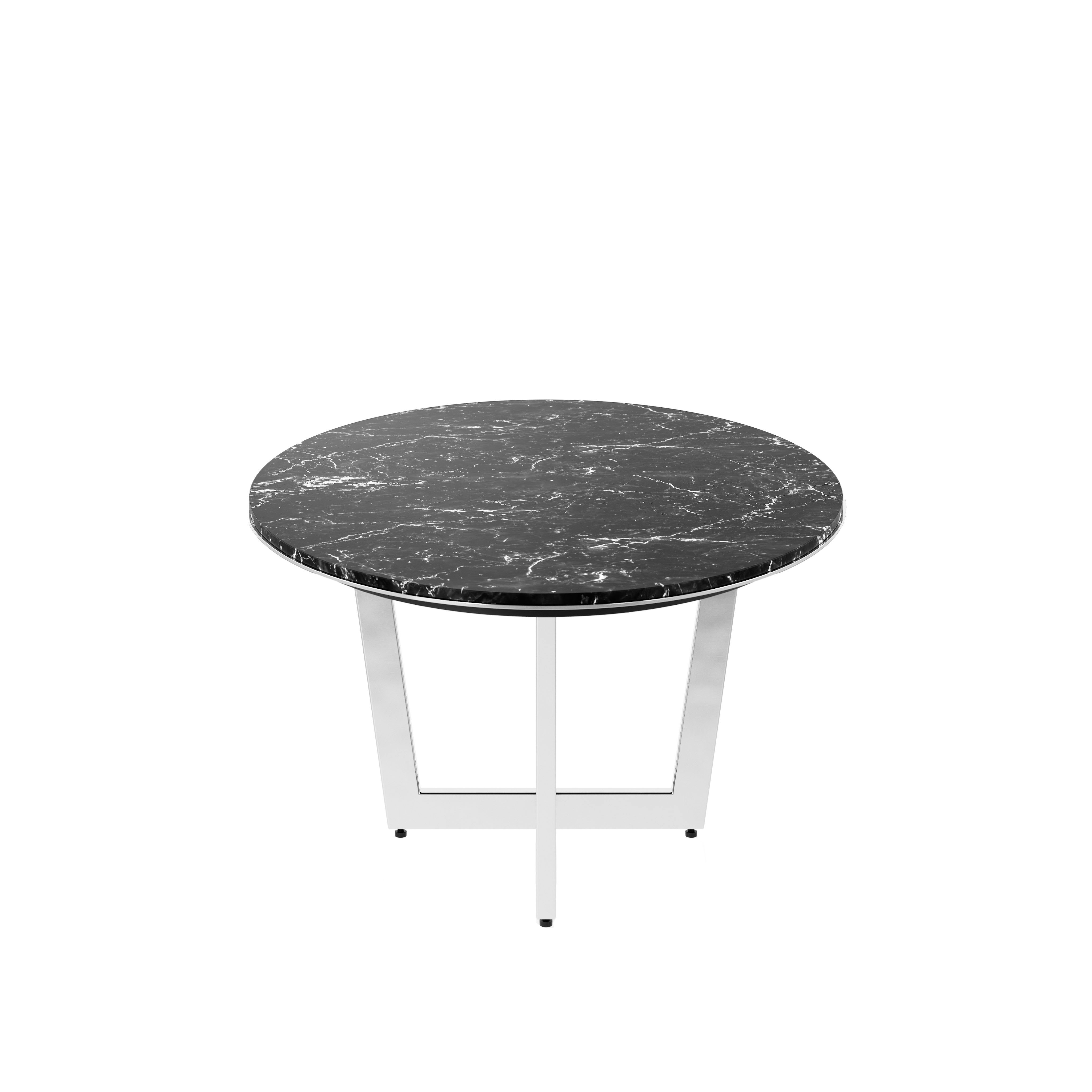 Elliptical-shaped Highline Meeting Table in Nero Marquina Honed Marble with a Polished Chrome base viewed from the side.