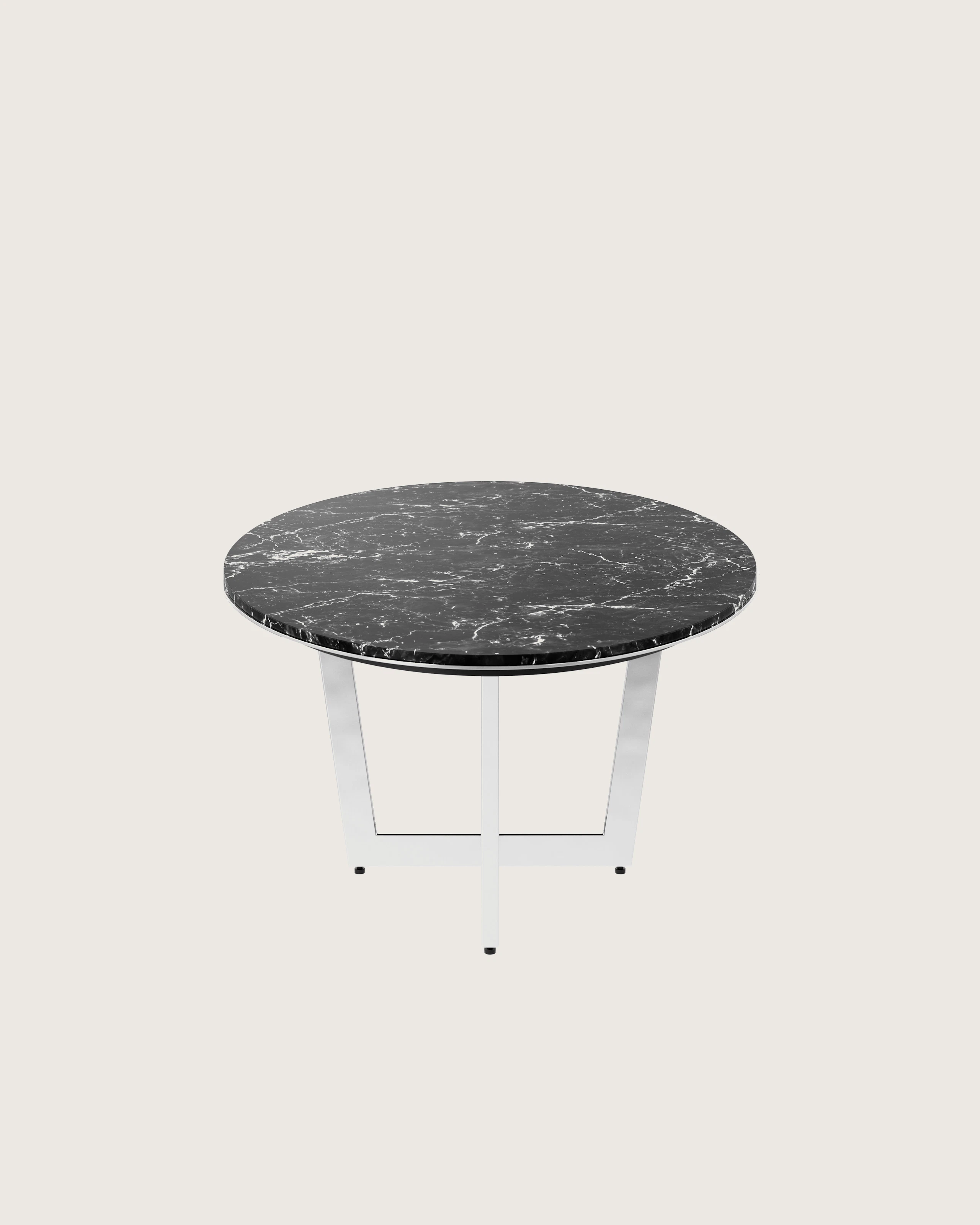 Elliptical-shaped Highline Meeting Table in Nero Marquina Honed Marble with a Polished Chrome base viewed from the side.