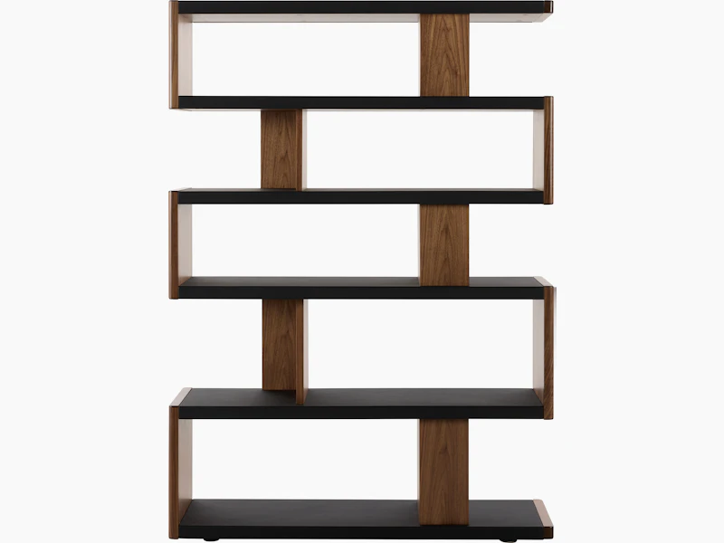 New Canaan High Bookshelf designed by BassamFellows for Geiger in Walnut with Black Leather shown in front view on a white sweep.