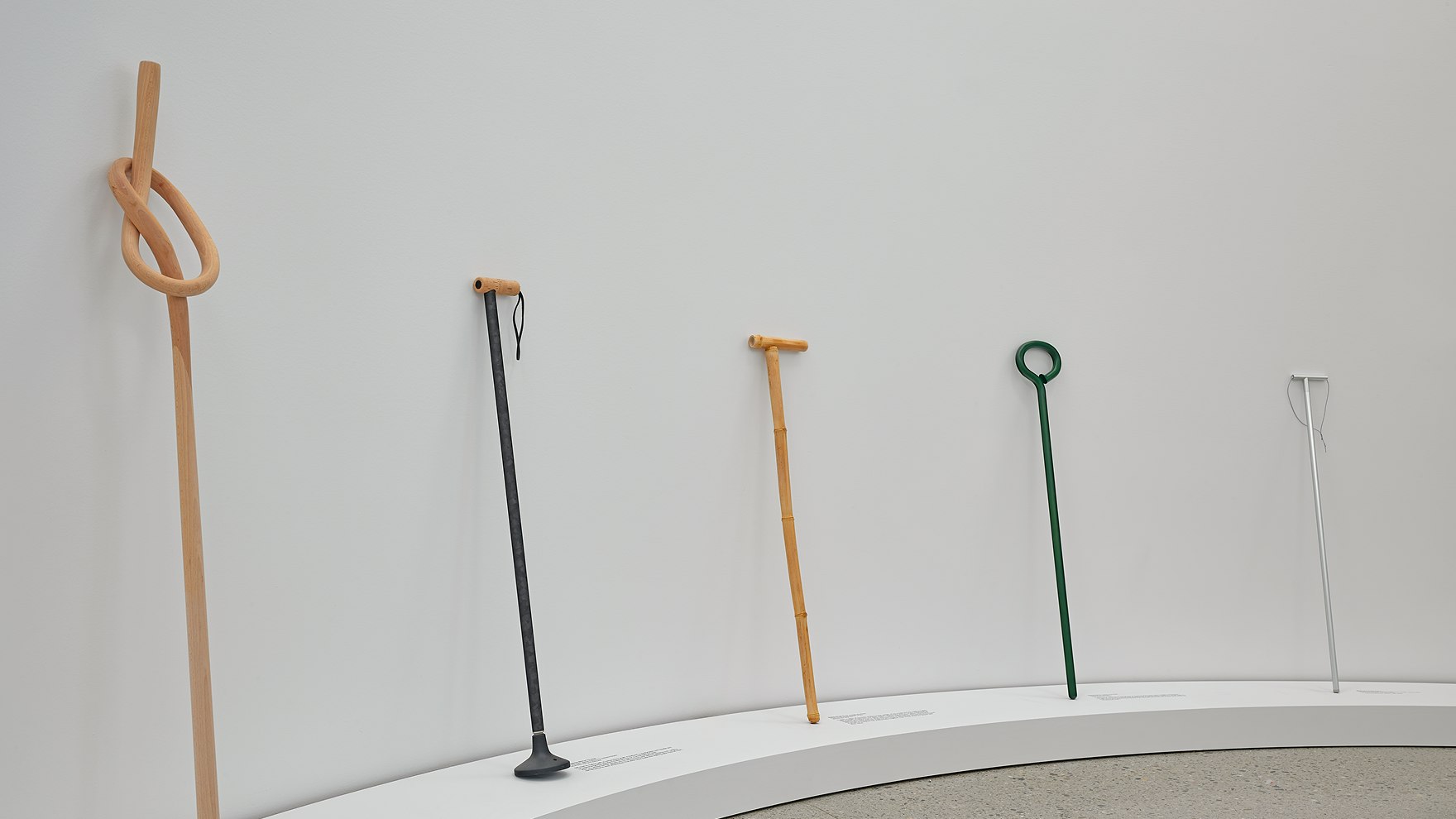 Five walking sticks and canes leaning against a white wall at the walking sticks & canes exhibition.