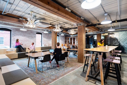 rockwell unscripted sawhorse table tall table easy stools steps coworking space touchdown space