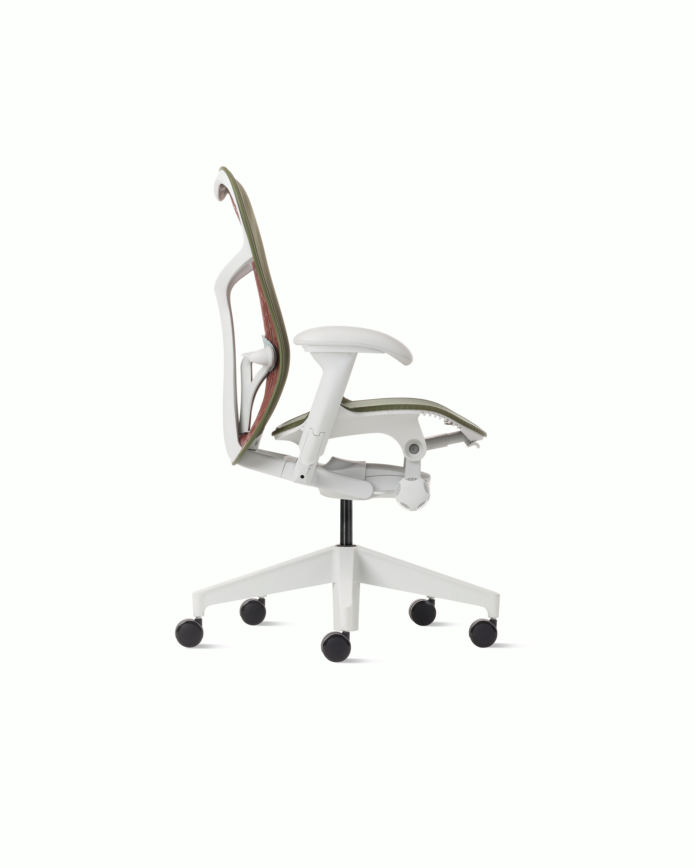 Side view of a Mirra 2 chair with a Butterfly back in olive color-block and alpine frame.