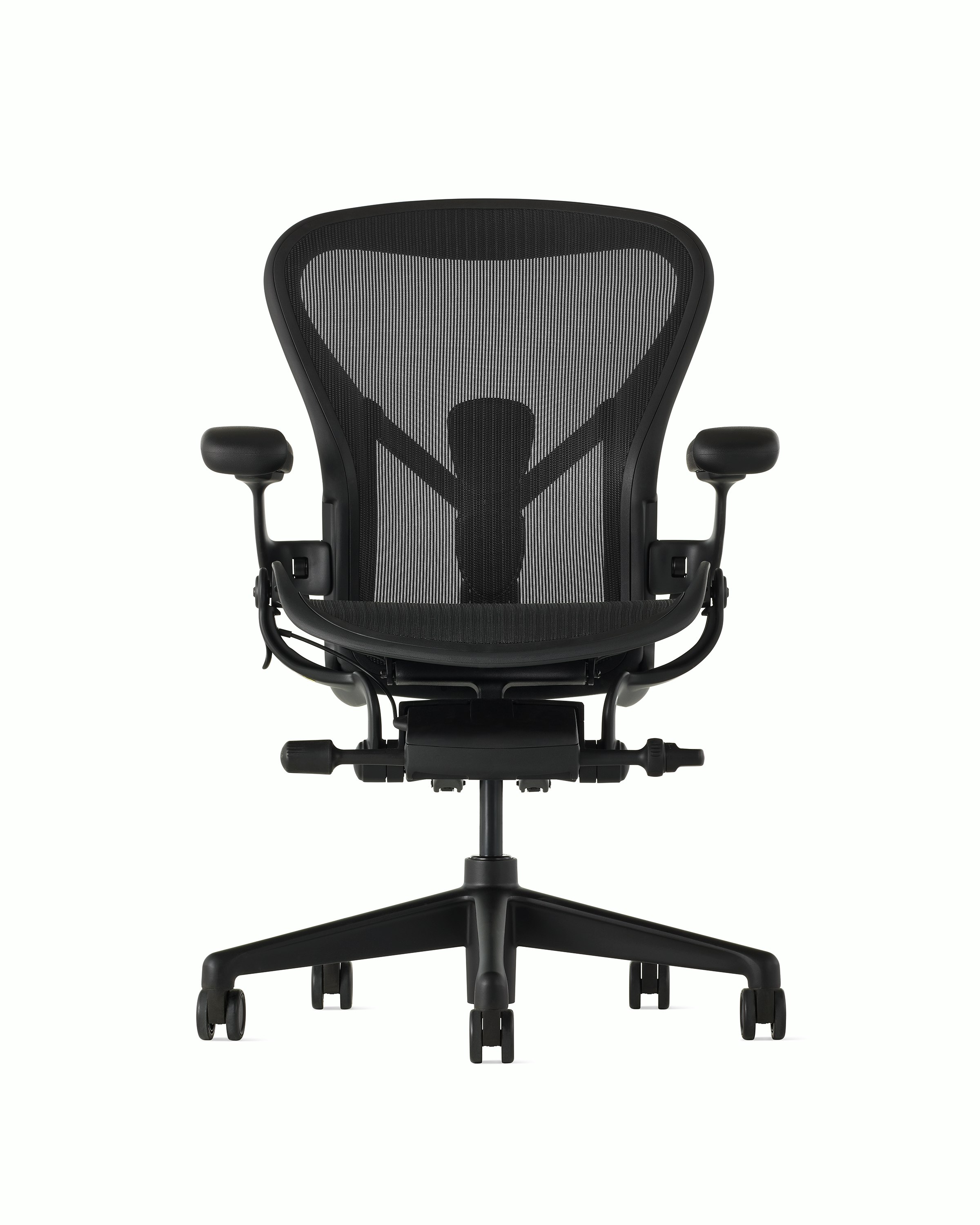 Black matte Aeron Chair on a white background with a 5-star base and ergonomic back support, viewed from the front.