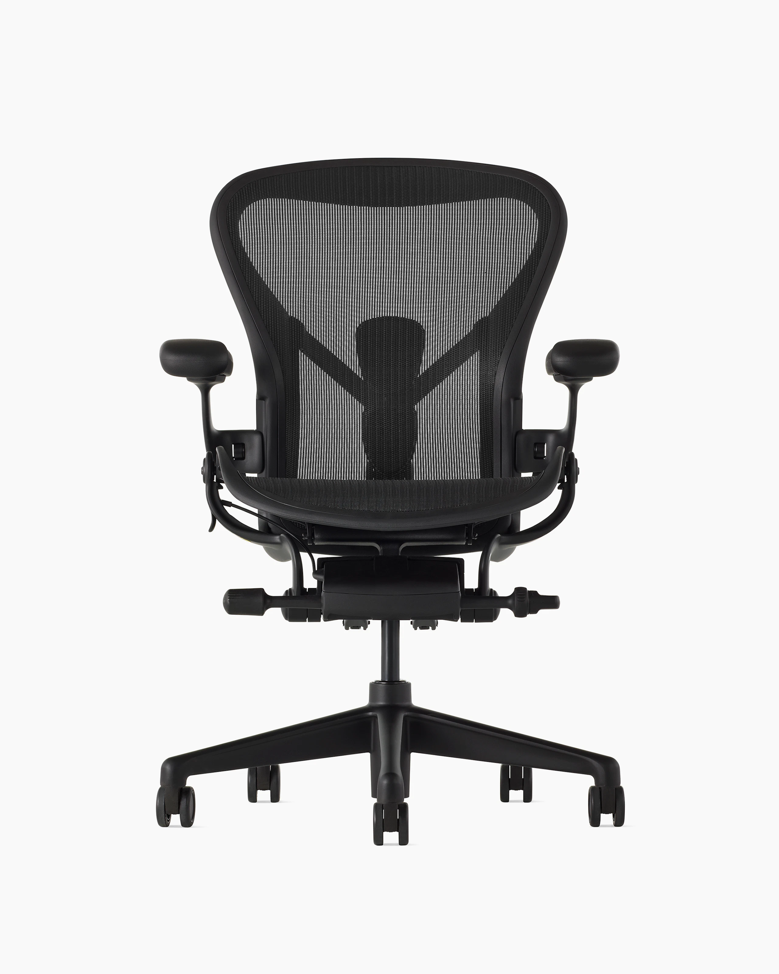 Black matte Aeron Chair on a white background with a 5-star base and ergonomic back support, viewed from the front.