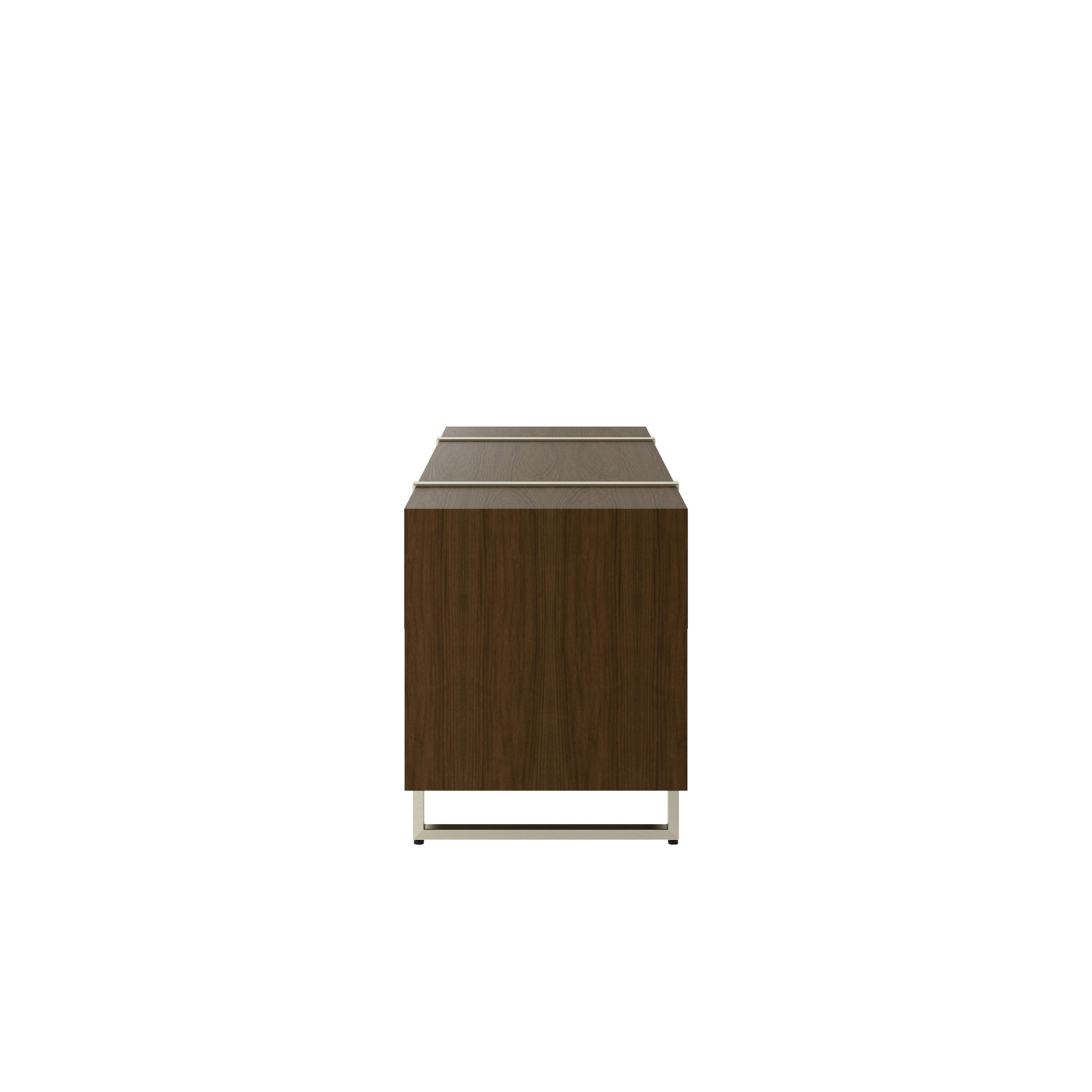 Highline Credenza in Natural Flat Cut Walnut with Satin Nickel Legs viewed from the side.