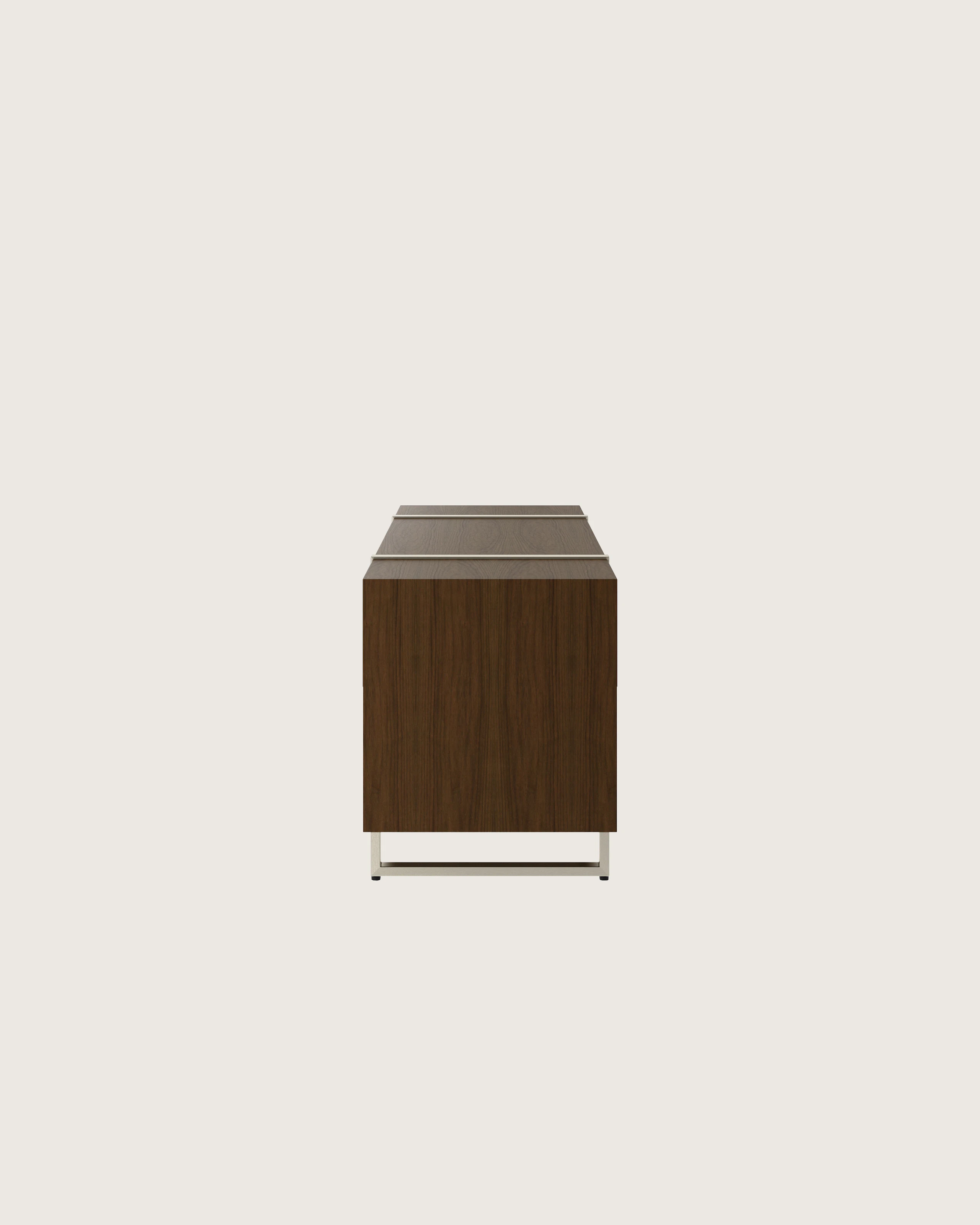 Highline Credenza in Natural Flat Cut Walnut with Satin Nickel Legs viewed from the side.