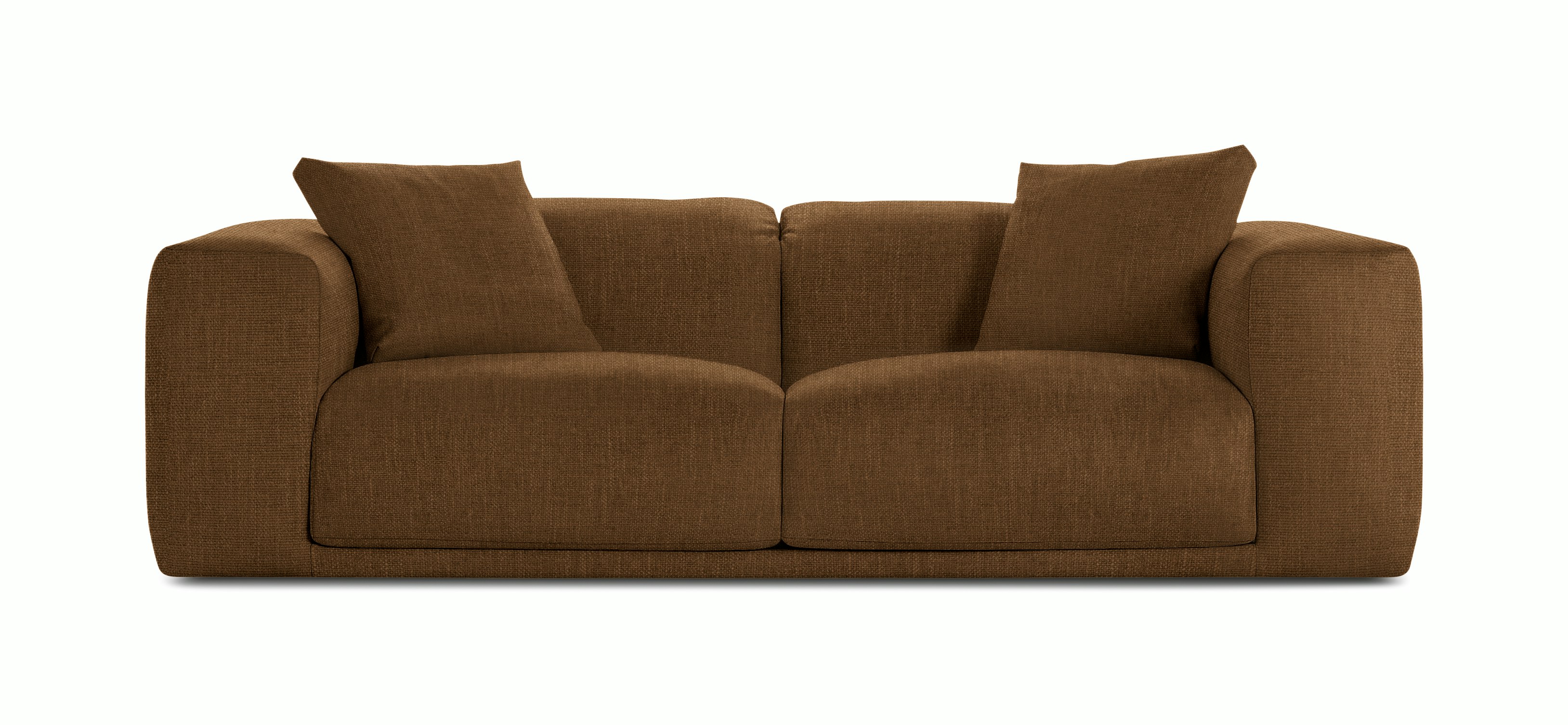 A Kelston Sofa in Walnut viewed from the front.