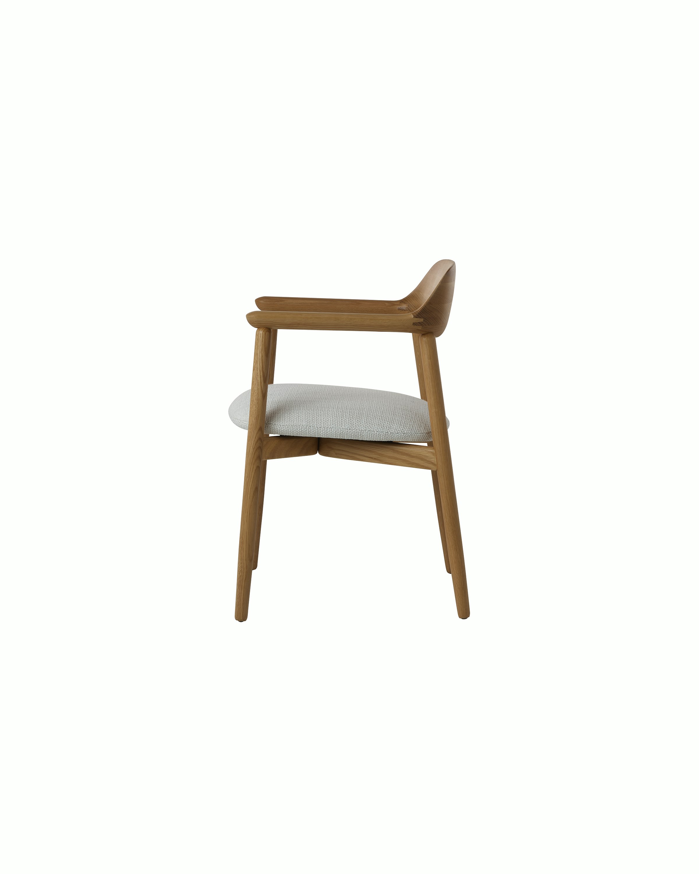 Crosshatch Side Chair by EOOS for Geiger in Natural Oak with Capri in Show upholstery, side view on a white sweep.