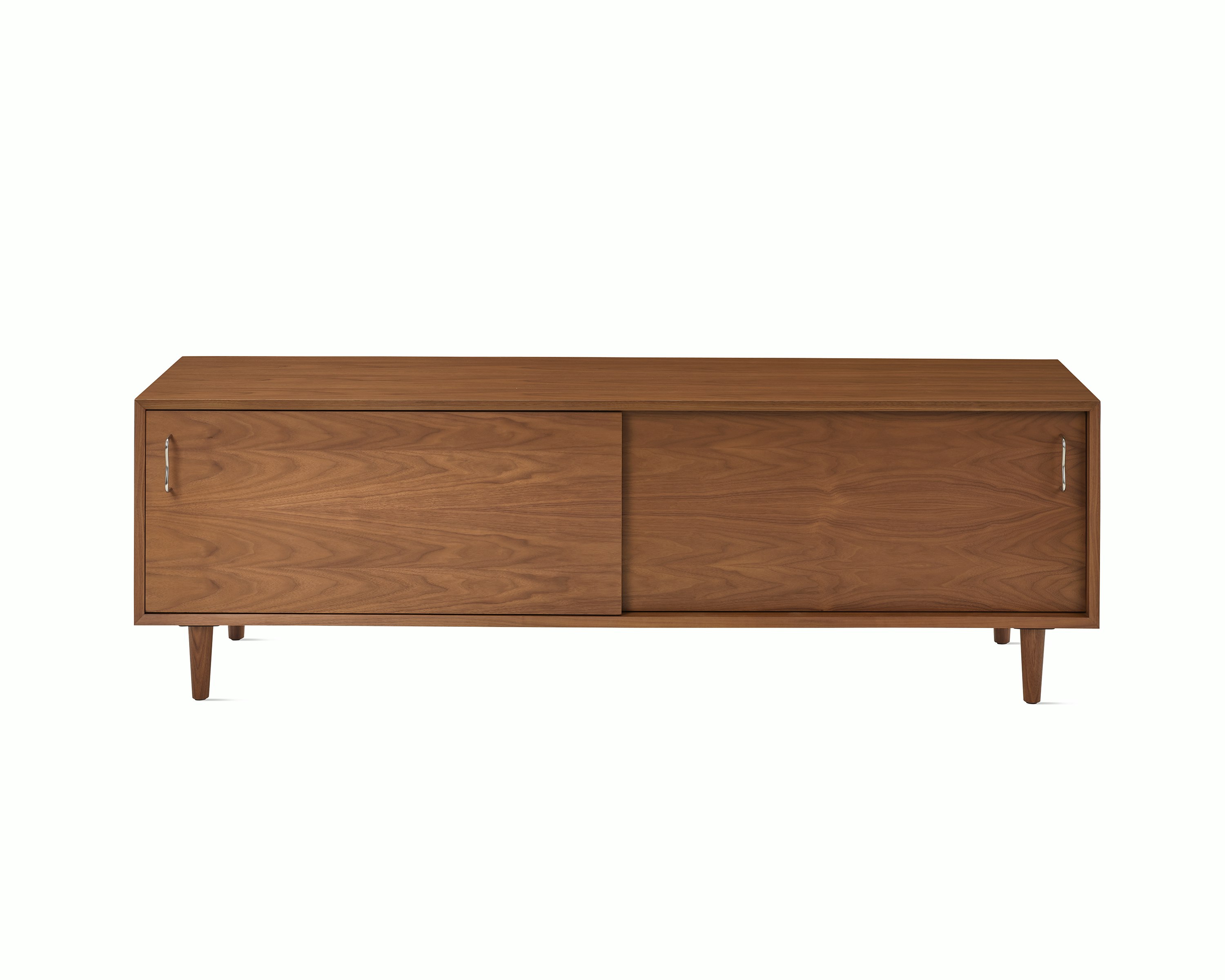 Nelson Basic Cabinet Series Media Unit in walnut, taper legs, and wavy pulls.