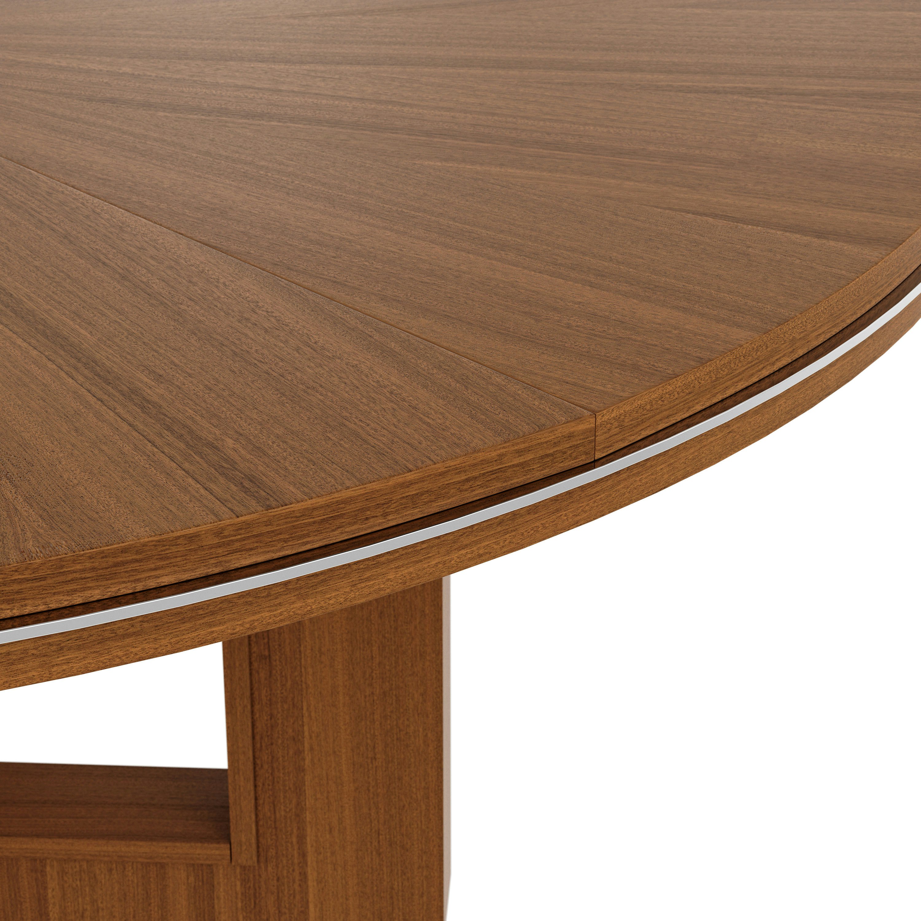 Edge detail shot of circular Highline Fifty Meeting Table in Natural Quarter Cut Walnut with Polished Chrome details.