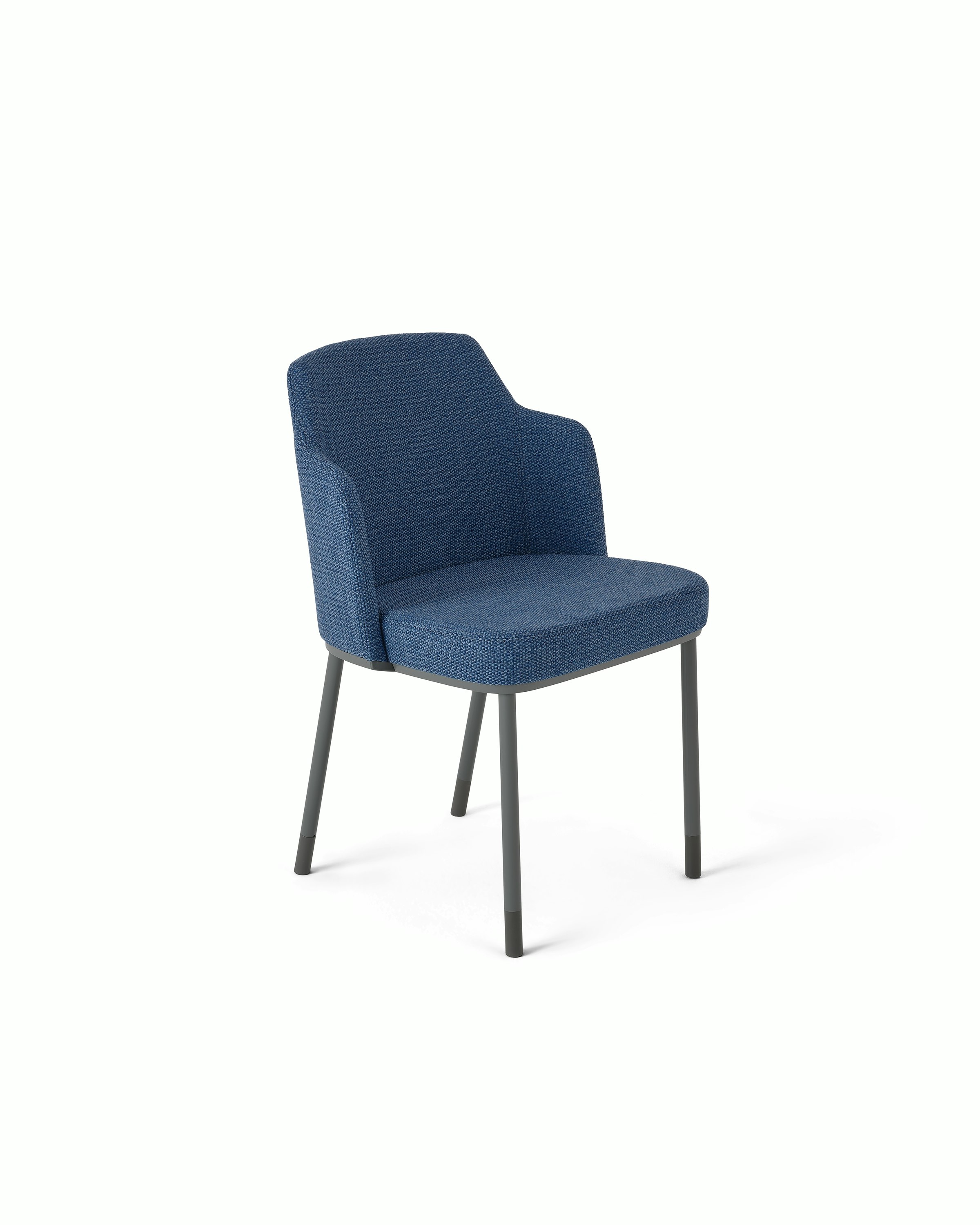 Medium blue Remix Side Chair with small built in arm rests. Upholstered in a Dapper textile in the color Songbird (blue). Medium grey frame that includes four legs on glides. White background.