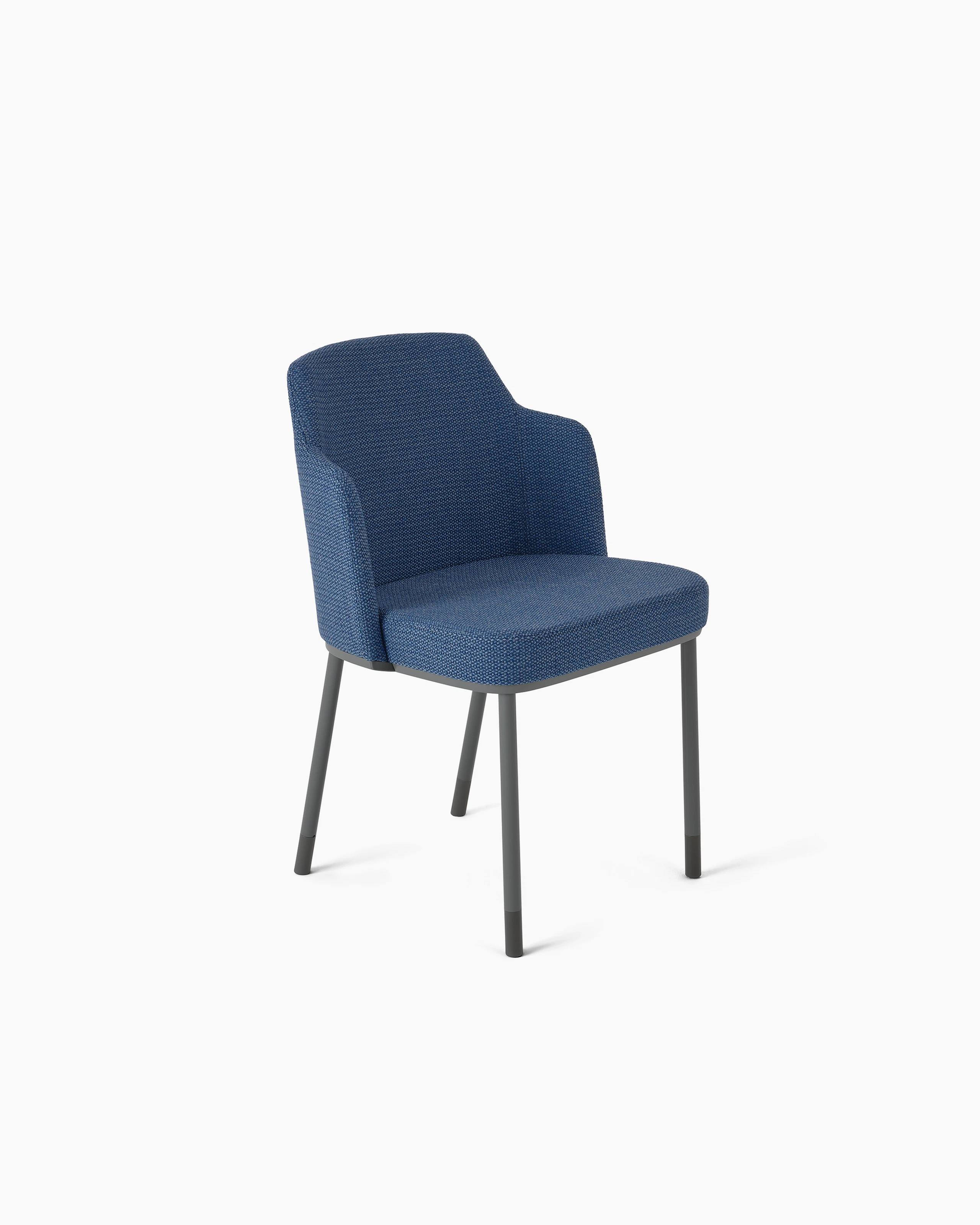 Medium blue Remix Side Chair with small built in arm rests. Upholstered in a Dapper textile in the color Songbird (blue). Medium grey frame that includes four legs on glides. White background.